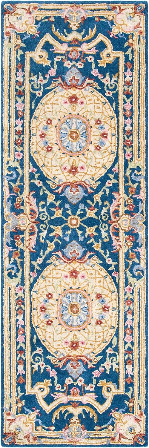 SAFAVIEH Savonnerie Collection Runner Rug - 2'6" x 8', Blue & Ivory, Handmade Traditional European Wool, Ideal for High Traffic Areas in Living Room, Bedroom (SAV120M)