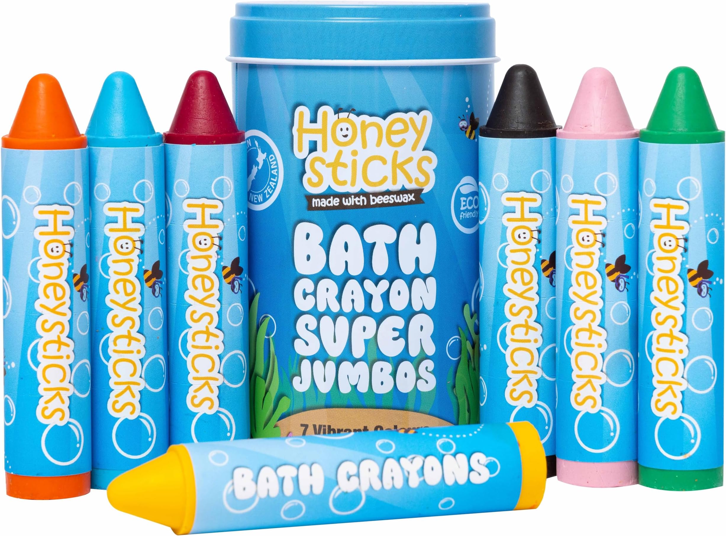 Honeysticks Jumbo Bath Crayons for Toddlers & Kids (7 Pk) - Handmade with Natural Beeswax for Non Toxic Bathtub Fun - Fragrance Free, Non-Irritating Bath Toys - Washable Bright Colors - Eco Friendly