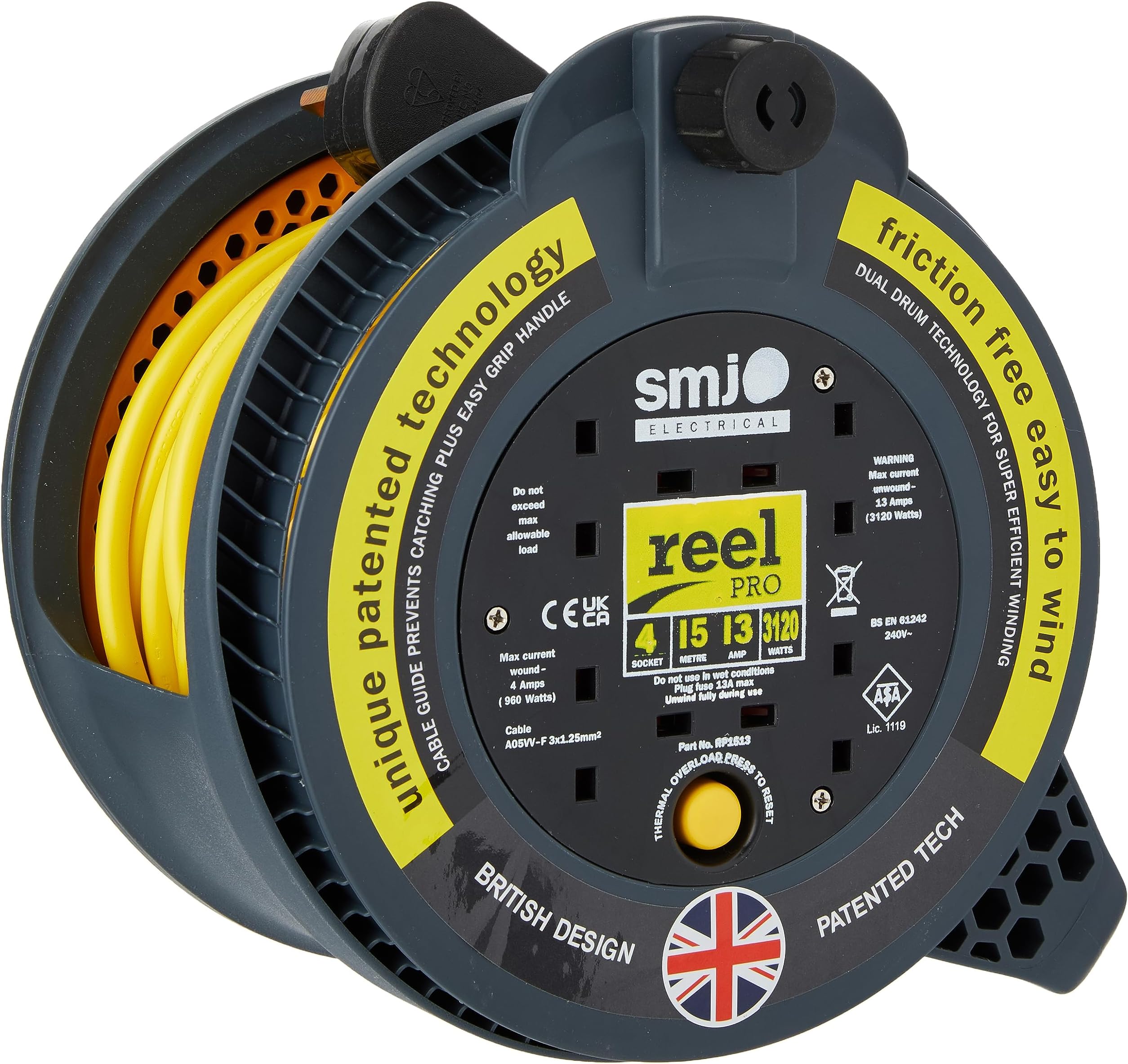 SMJ Electrical RP1513 13A 4G 15 Metre Reel Pro Cable Reel with Thermal Cut Out, Black/Yellow