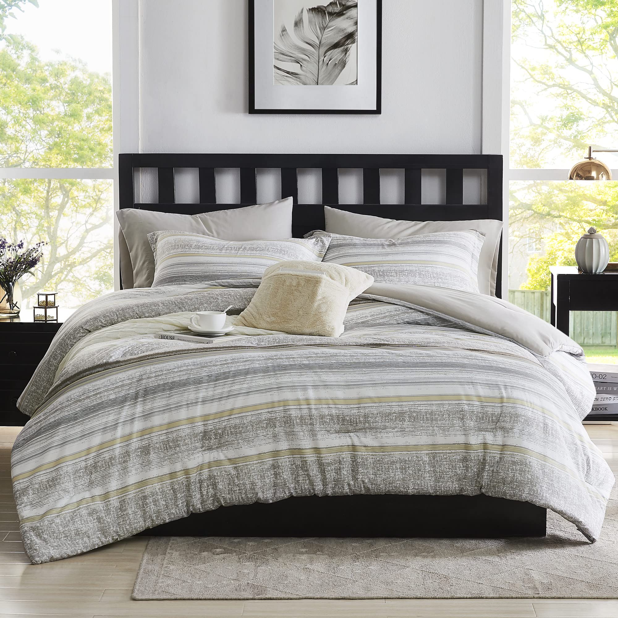 MaiRêve Bed in A Bag Queen Grey, Soft Grey Stripe Minimalist Urban