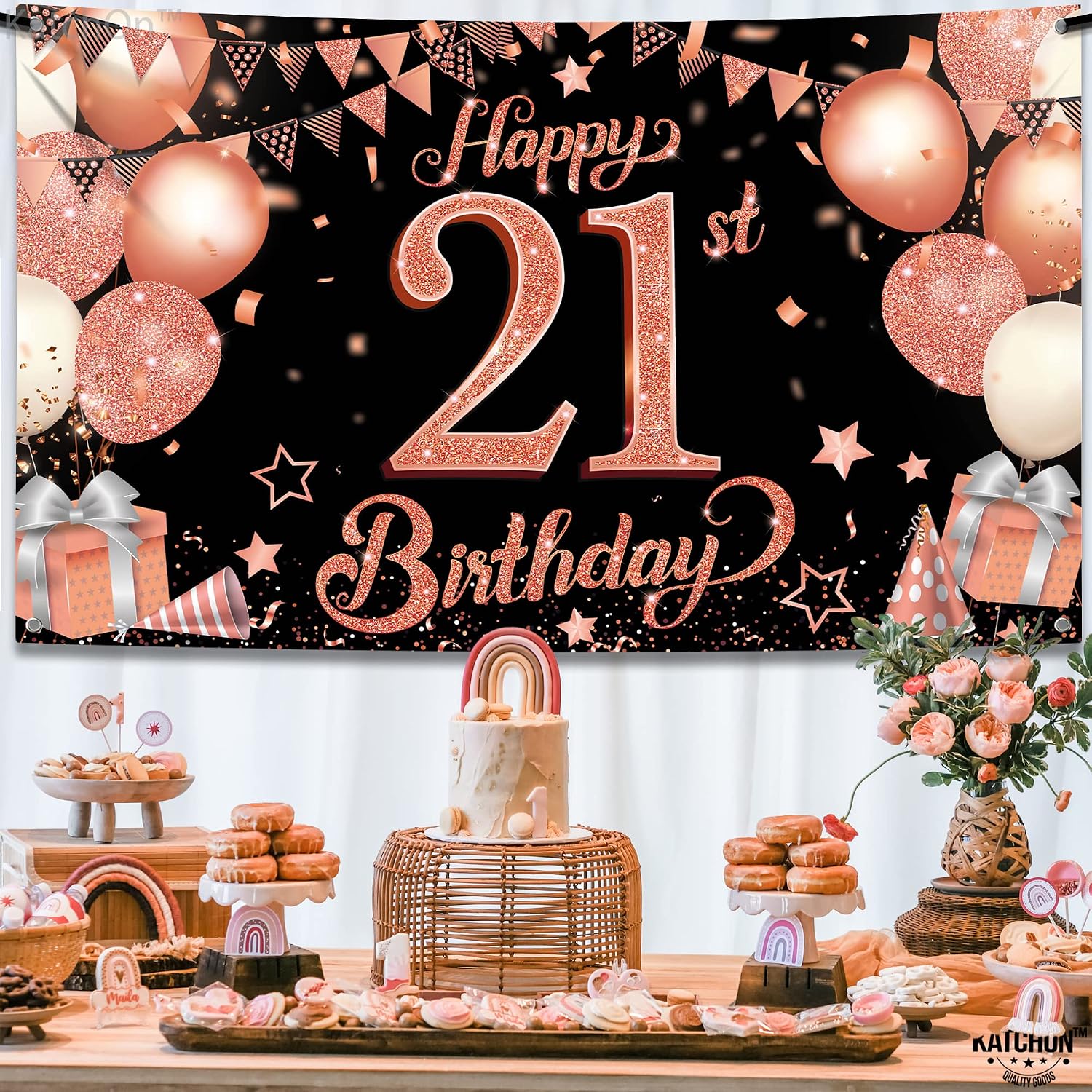 KatchOn, Rose Gold Happy 21st Birthday Banner - XtraLarge, 72x44 Inch | Rose Gold and Black 21st Birthday Decorations for Her | Pink 21 Bday Backdrop for Her