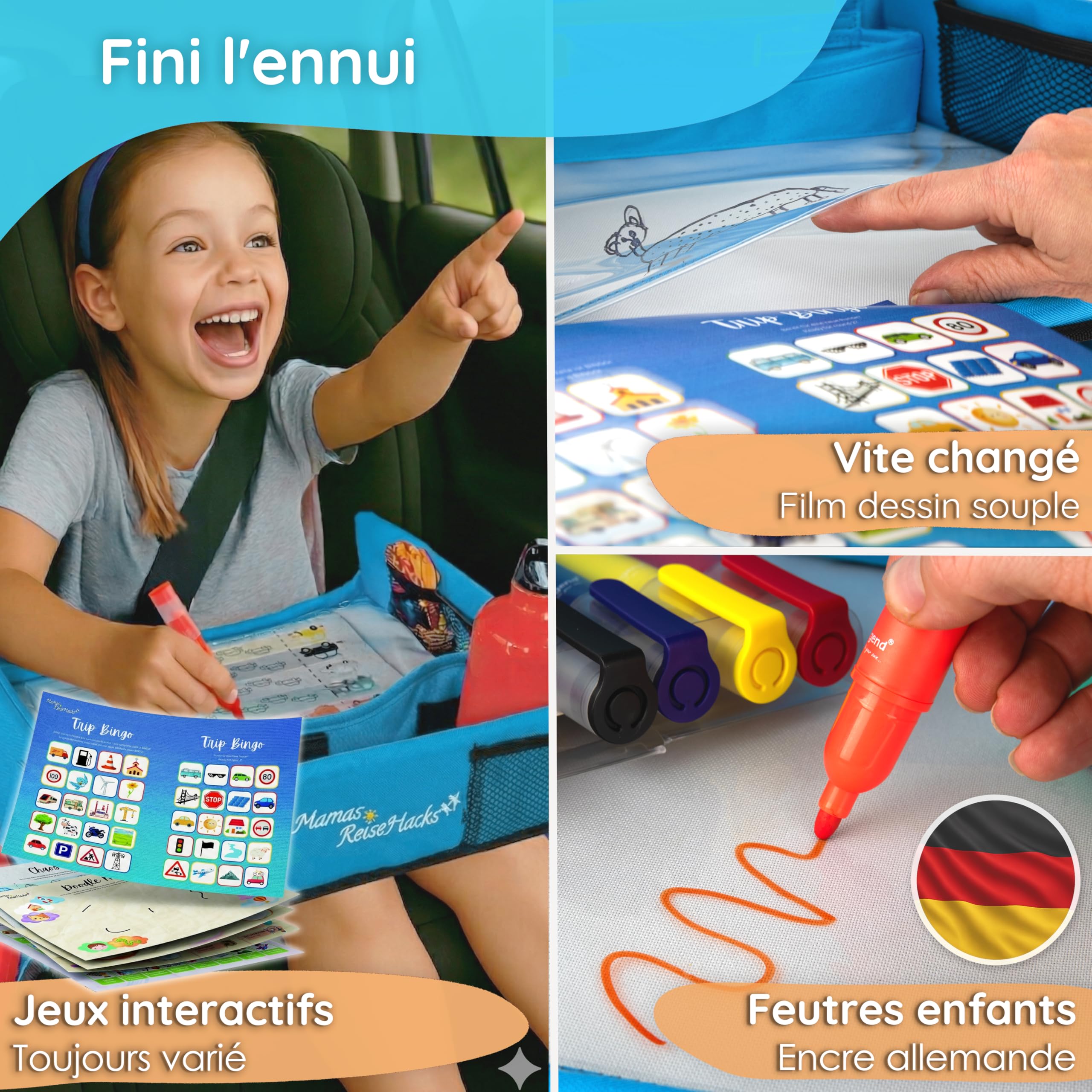 Mamas Reise Hacks Table de voyage pour enfant avec support de tablette et jeux de voiture