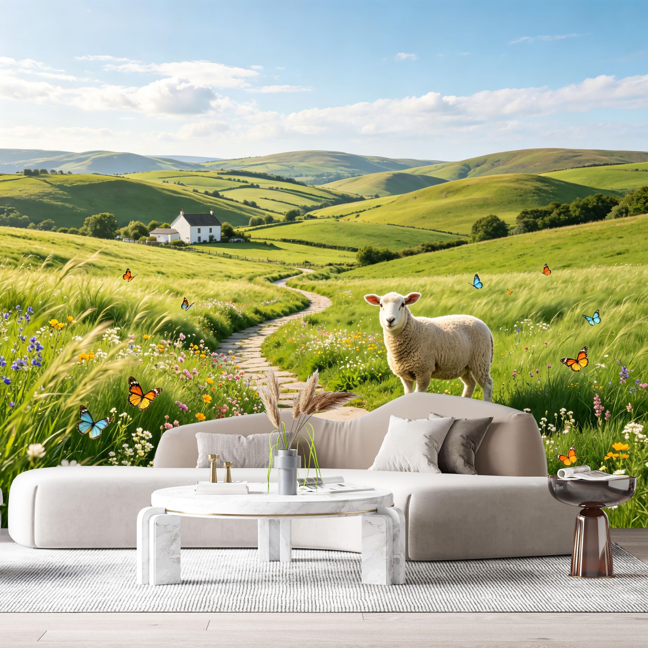 Custom Size Wall Murals Farmhouse American Country Landscape Sheep Stone Path Wildflower Meadow SelfAdhesive Wall Fabric Removable Large Wallpaper Photo for Living Room