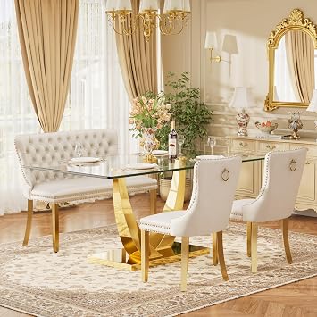 Mid Century Modern Glass Dining Table Set for 4 with Bench, 63 Large Luxury Clear Rectangular Glass Top Dinner Room Set, 4 PCS Retro Furniture Kitchen Set, Beige High-end Tufted Chairs