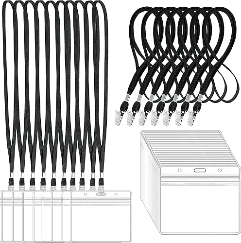 100 etiquetas horizontales de plástico transparente para tarjetas de identificación y 100 cordones negros con cordones de clip para insignias de