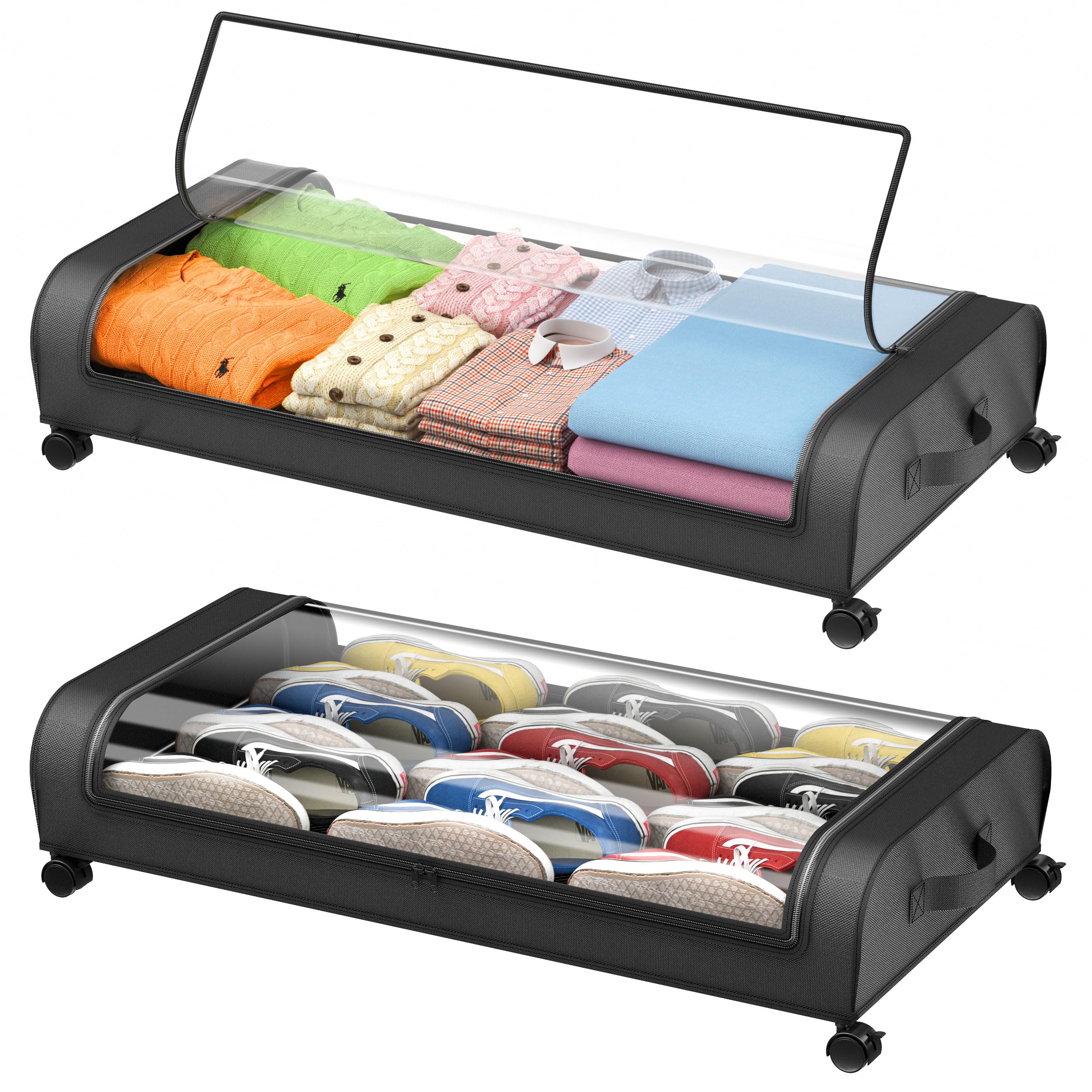 Under Bed Storage with Wheels and Lids, Rolling Underbed Storage Containers, Large Capacity Under the Bed Shoe Storage Organizer (2 Pack Black)