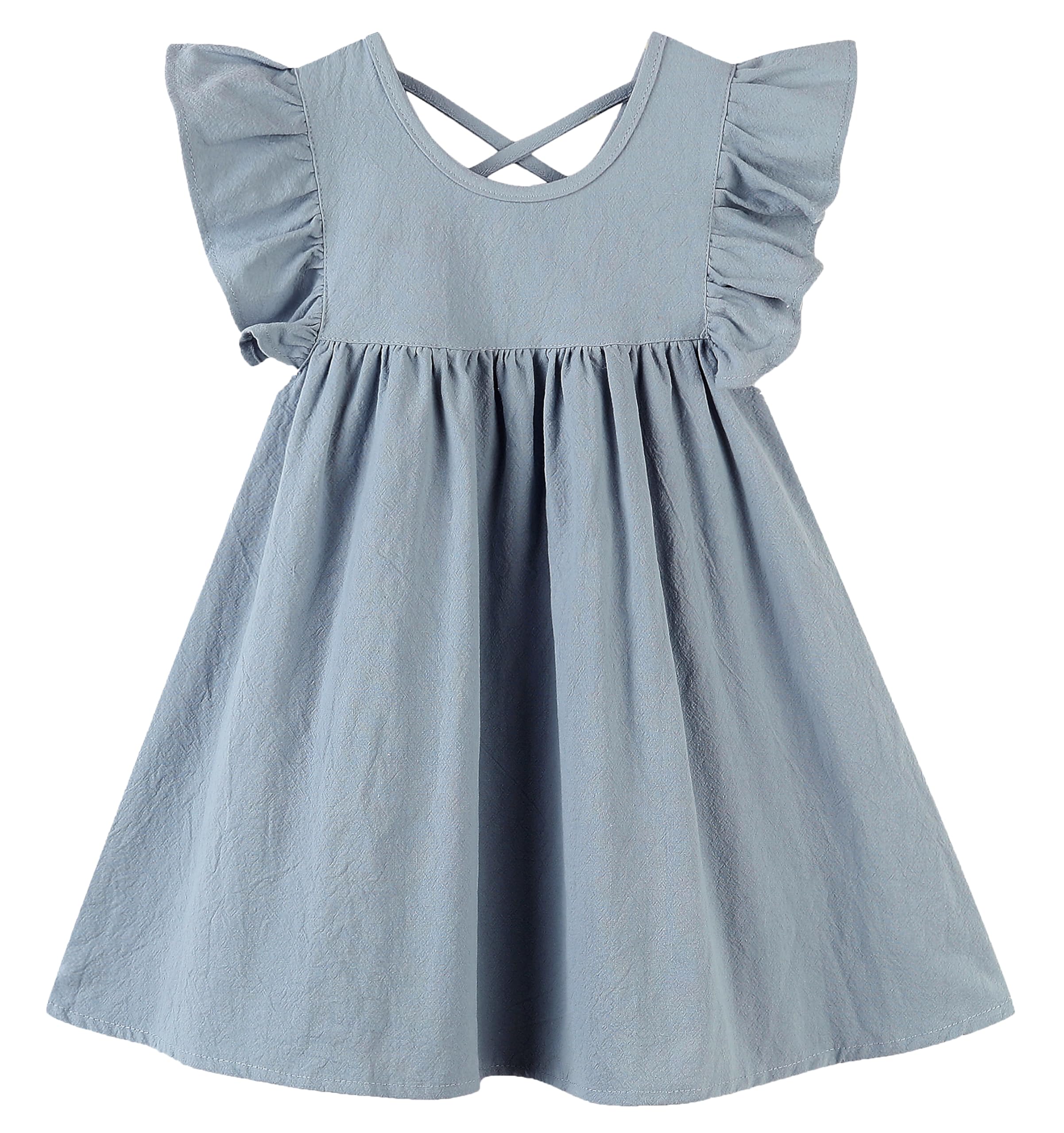 GSVIBK Girls Linen Cotton Dress Flutter Sleeve Back Cross Dress Toddler A-Line Skater Dress Baby Girl Halter Casual Sundress