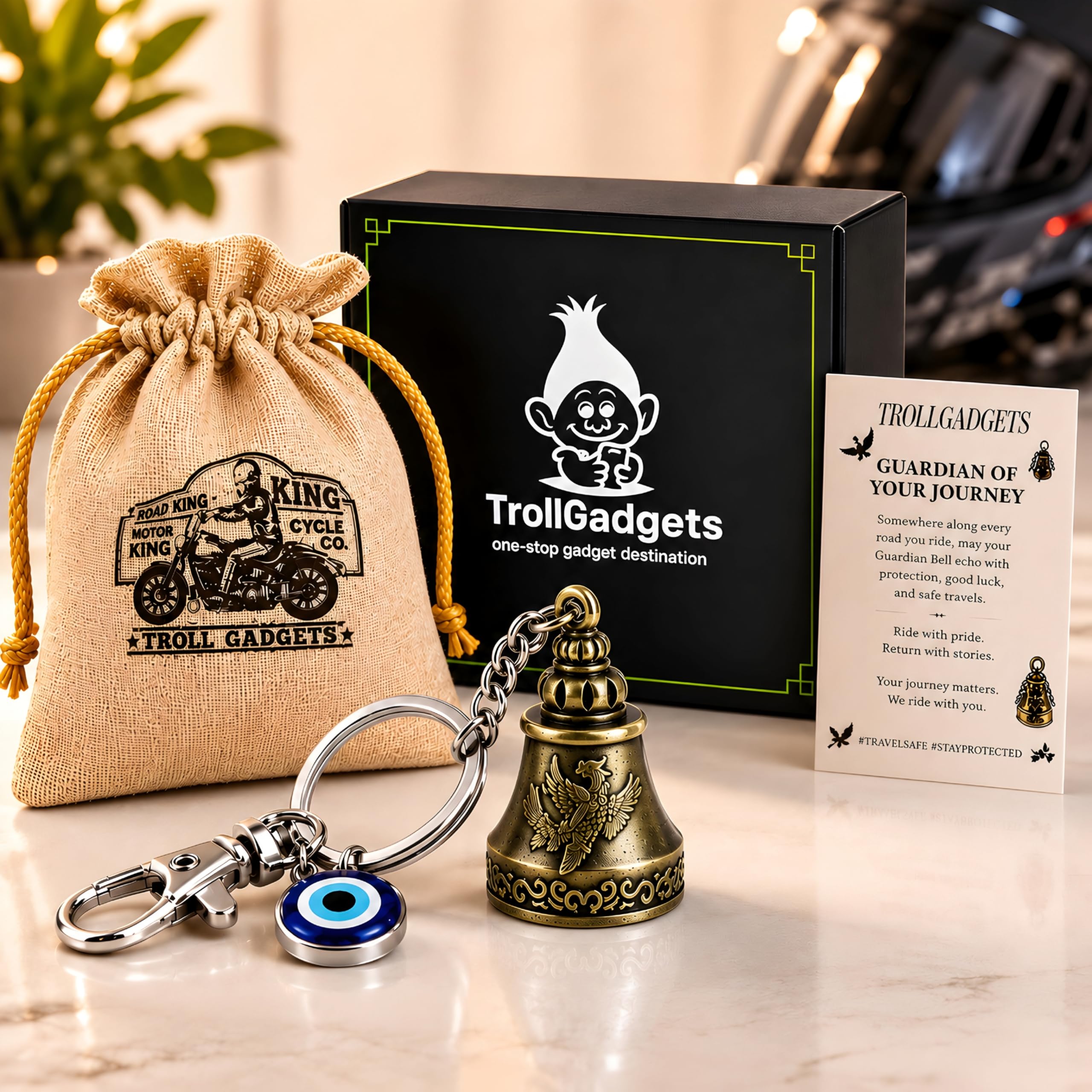 TrollGadgets® Premium Flamingo Guardian Bell Keychain for Bike & Car | Tibetan Texture Bell Keychain with Evil Eye & Dog Hook | Good Luck Charm With Box Packaging (Golden)-image-40