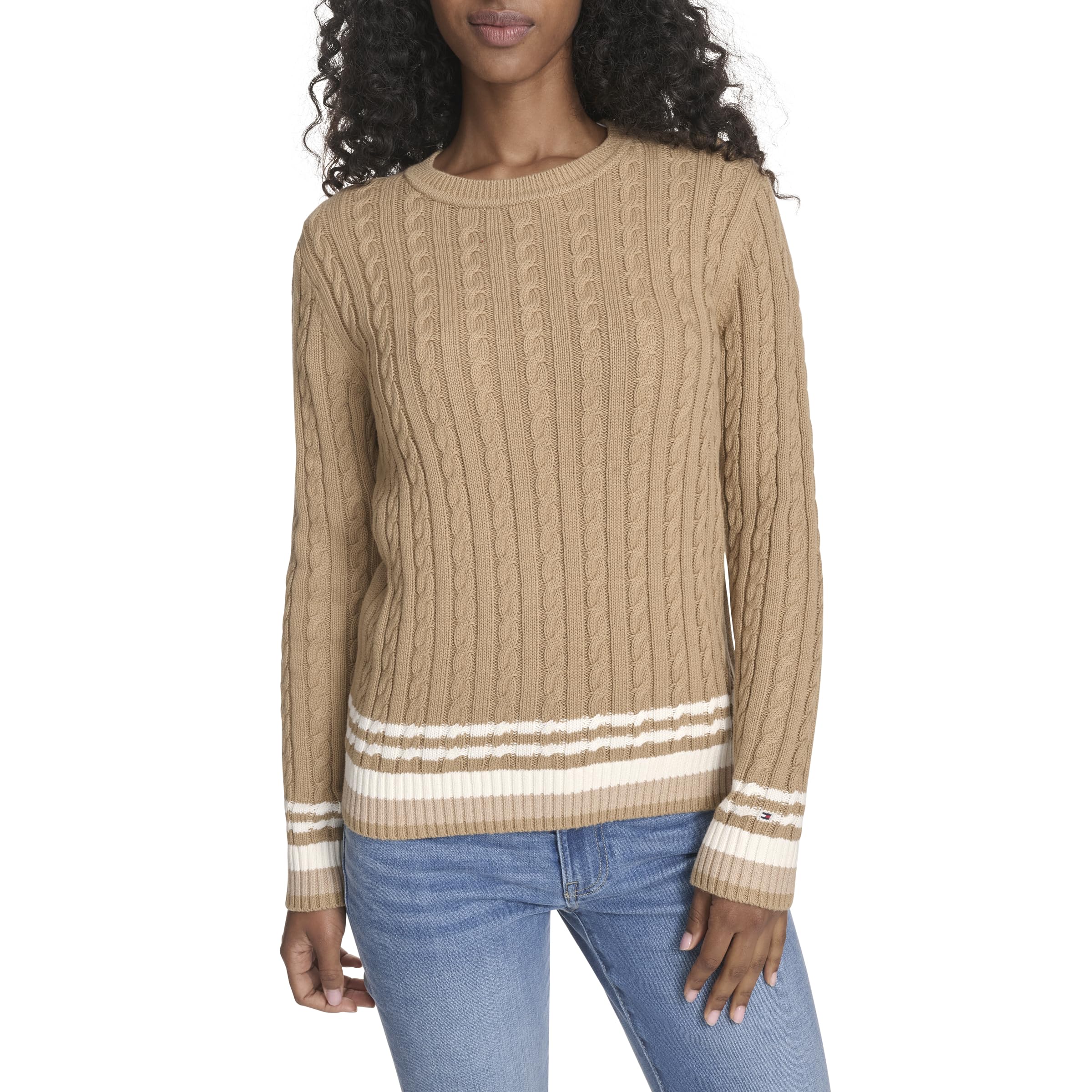 Tommy Hilfiger Women's Cotton Crewneck Cable Sweater, Tigers Eye Multi, M