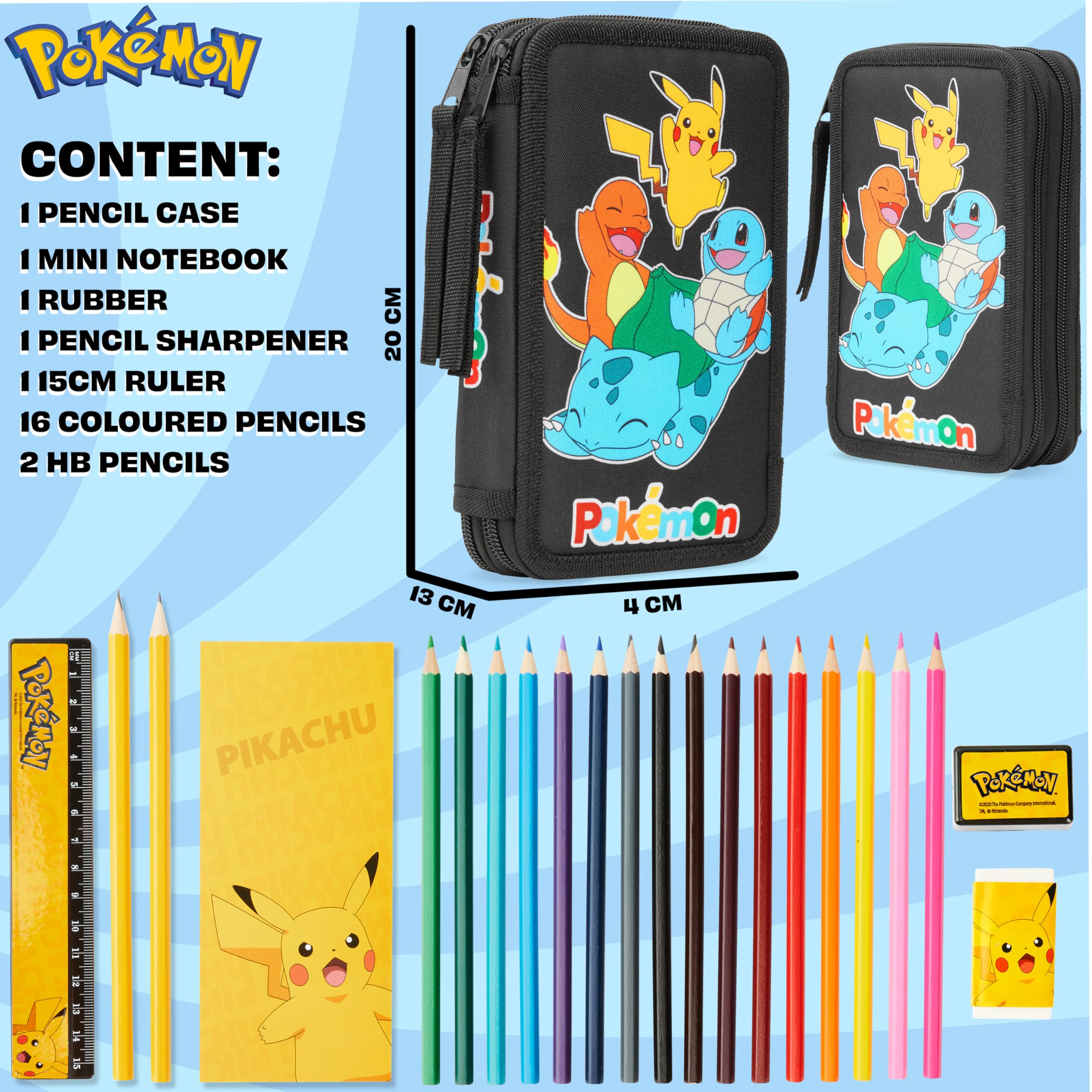 Pokémon Astuccio per Matite Bambino Adolescente Pikachu Scompartimenti Multipli Astucci per Scuola Set di Cancelleria (Charmander Pikachu Squirtle Bulbasaur)