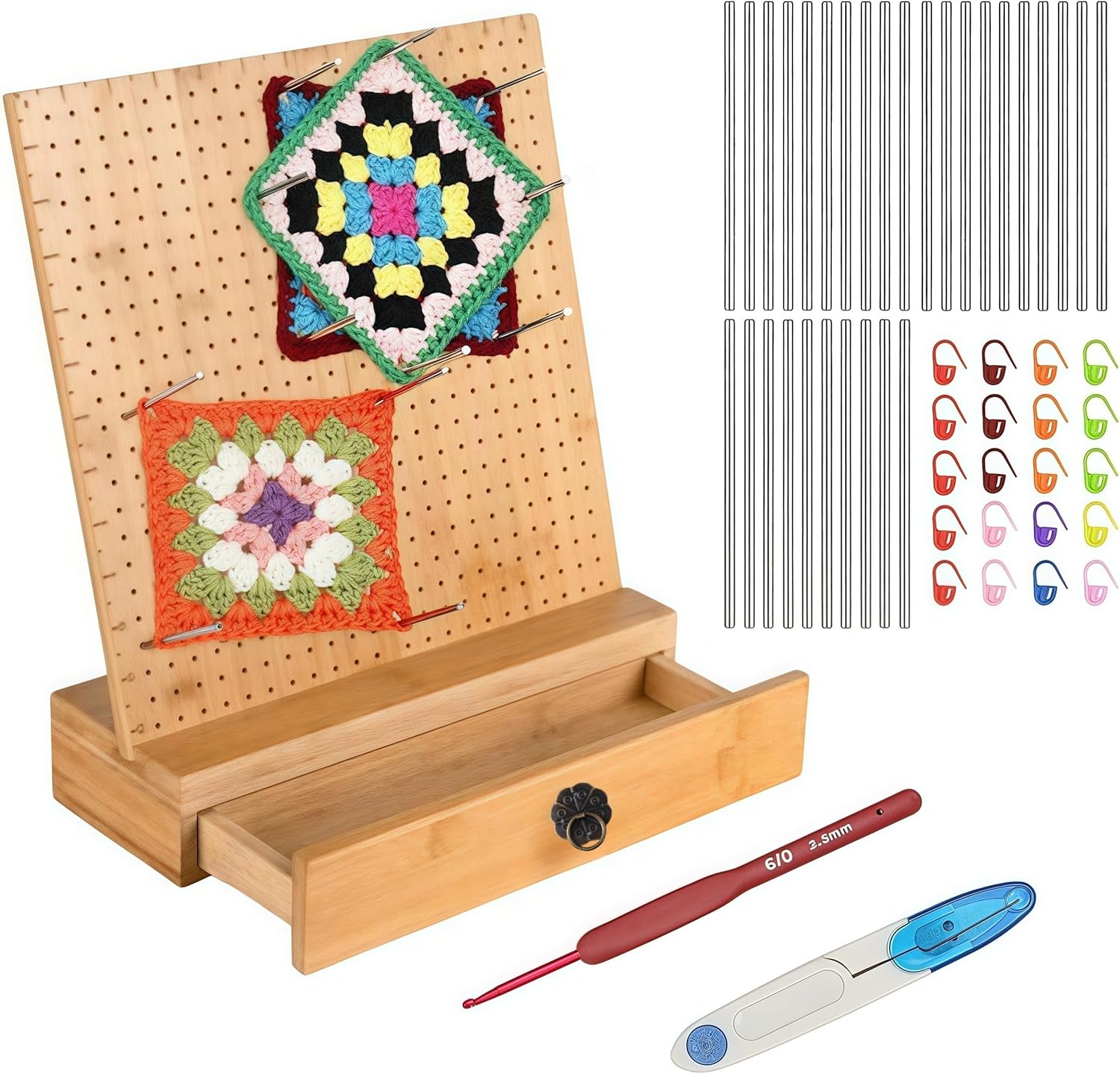 Crochet Blocking Board 8 inch Suit, Wooden Crochet Blocking Board and 30 Pins, Granny Square Blocking Board, Knitting Blocking Board with Drawers,Blocking Boards for Crochet and Knitting Projects