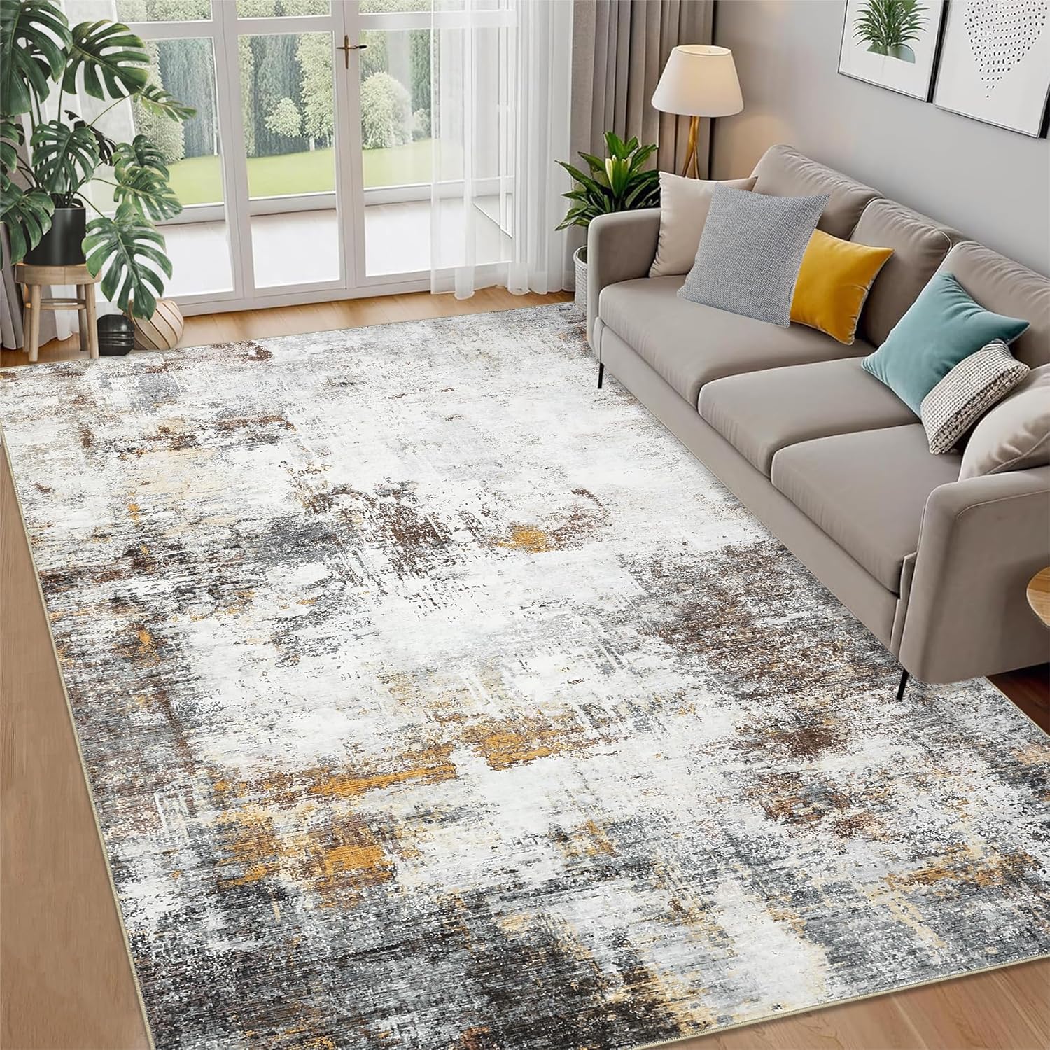 Garvee Washable Rug Modern Abstract Area Rugs 5x7 Rugs for Living Room Bedroom Rug Modern Abstract Throw Carpet Stain Resistant Low Pile Floor Cover for Nursery Office Dining Room，Brown