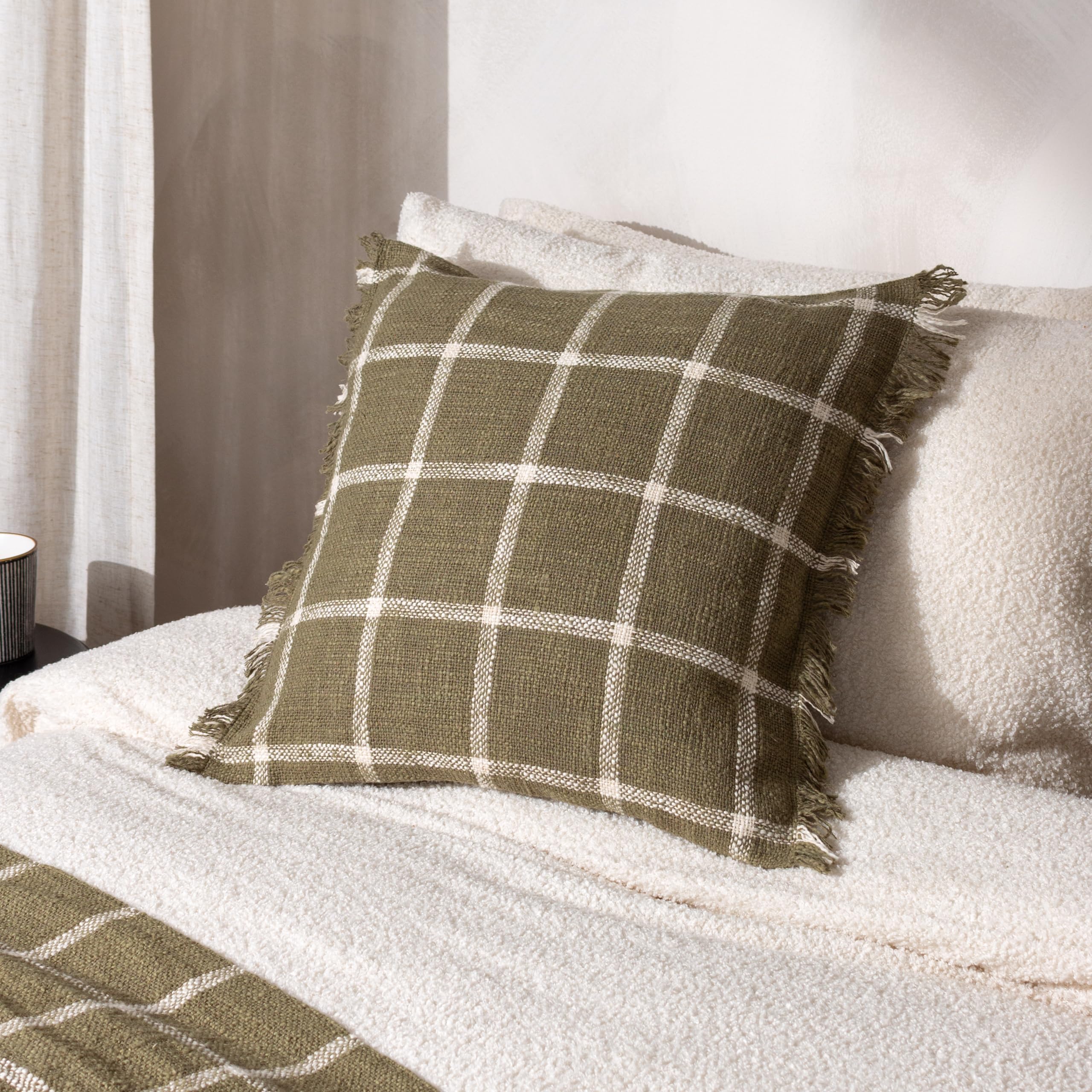 Yard Beni Check Cotton Fringed Feather Rich Filled Cushion