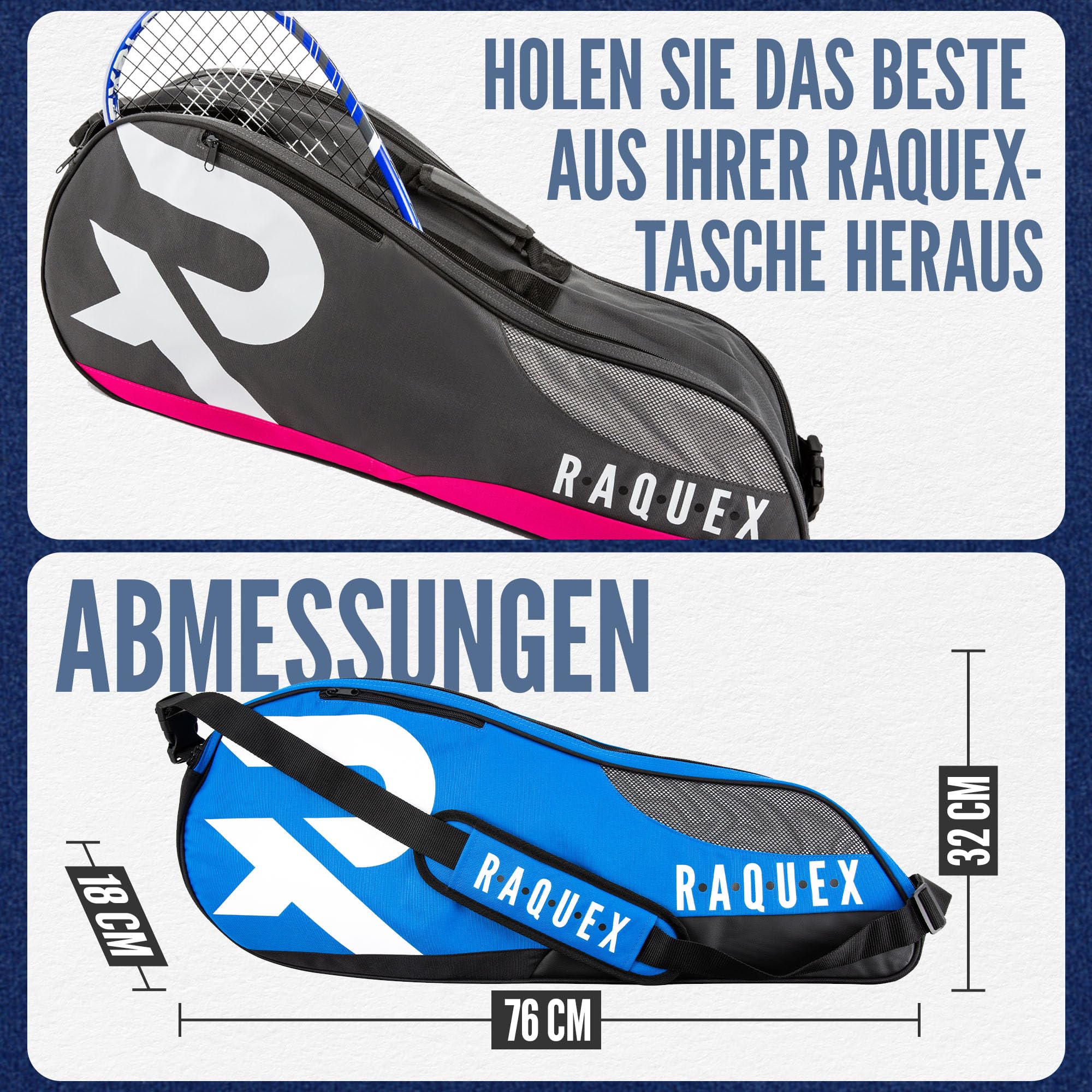 Raquex Schlägertasche - Blau/Schwarz/Magenta - für Tennis-, Badminton- und Squashschläger. Tennistasche für bis zu 6 Schläger + Zubehör + Sportschuhe