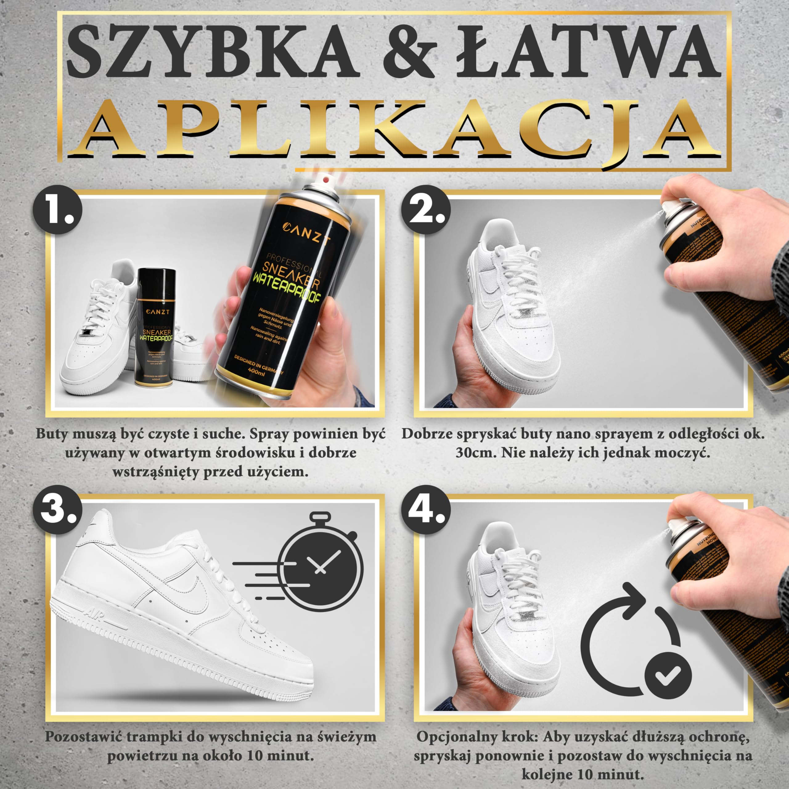 Canzt Impregnat do Butów 400 ml – Spray Ochronny do Skóry, Zamszu, Nubuku i Tkanin – Wodoodporny i Oddychający Preparat do Sneakersów i Obuwia Outdoorowego