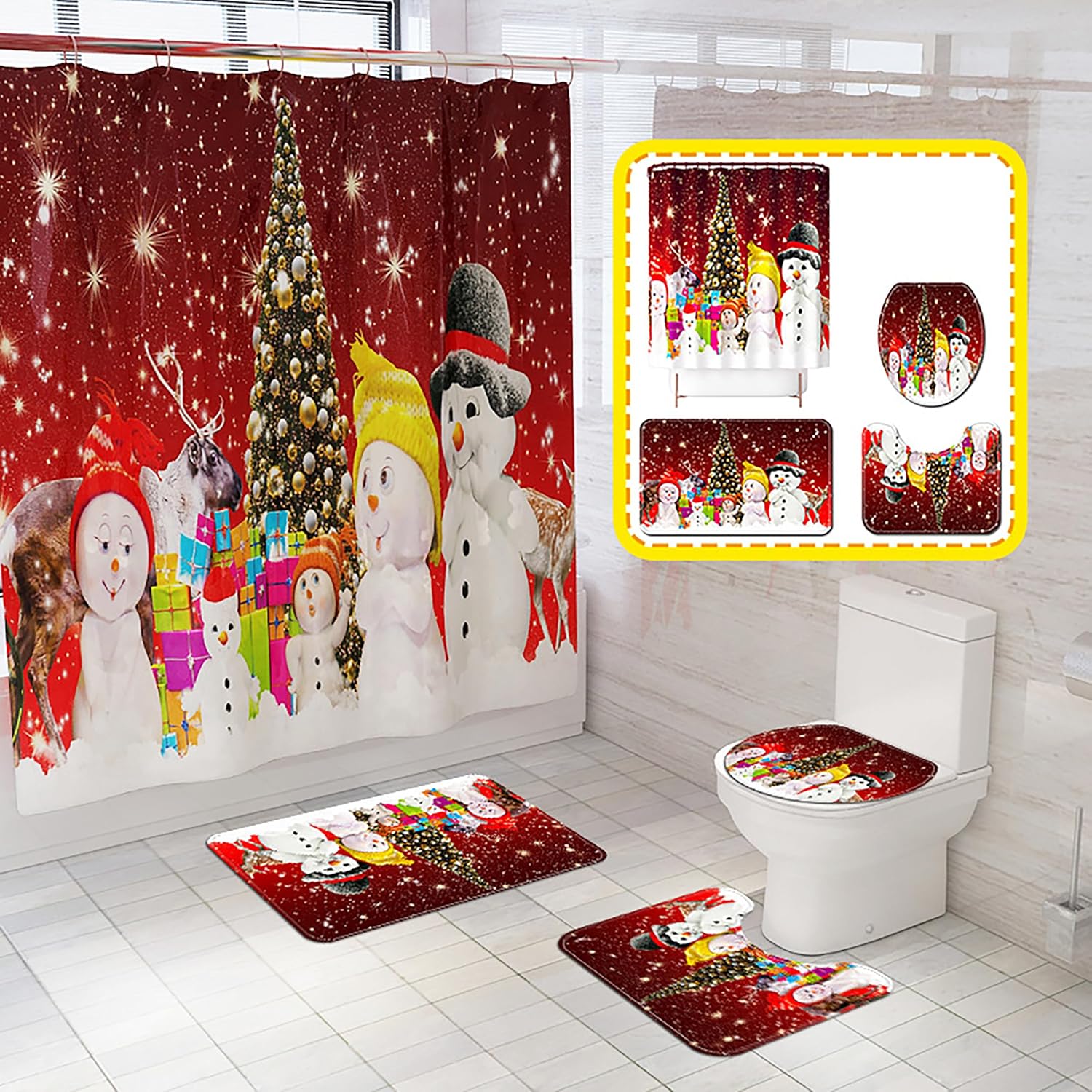 Nazapher 4 Pieces Merry Christmas Shower Curtain Sets with