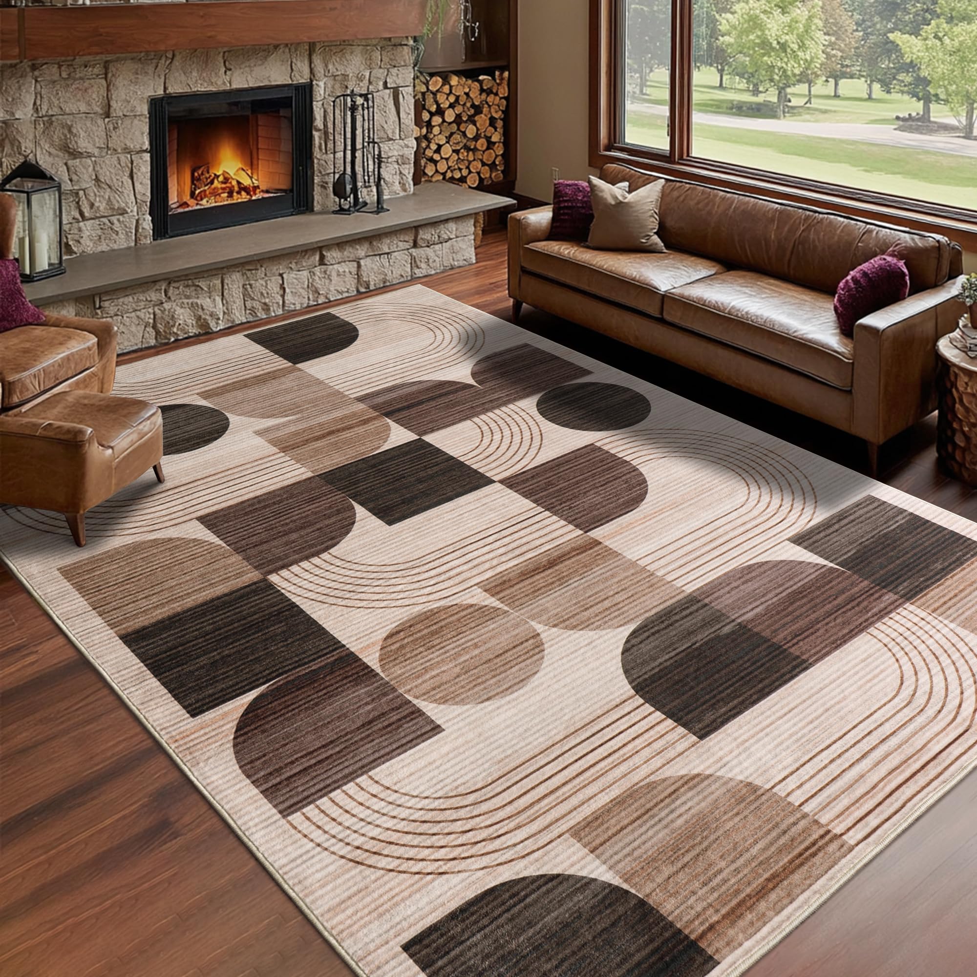 Calinline Abstraktem Waschbarer Teppich Wohnzimmer, 160x230 cm Schokolade | Groß Muster Kurzflor Teppich, Wohnzimmerteppich Moderne Carpet Wollteppich Bettvorleger für Schlafzimmer Esszimmer Küche