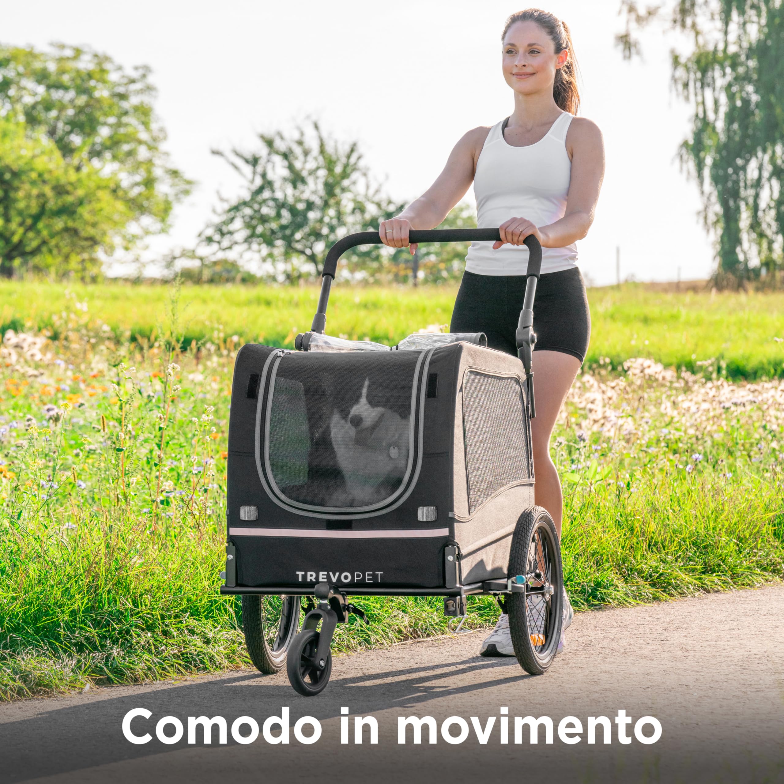 Rimorchio Bici Cani 2 in 1 – Carrello e Passeggino Pieghevole con Cuscino per Cani fino a 30 kg – Con Attacco, Bandierina, Compatibile con Bici Elettriche – Nero
