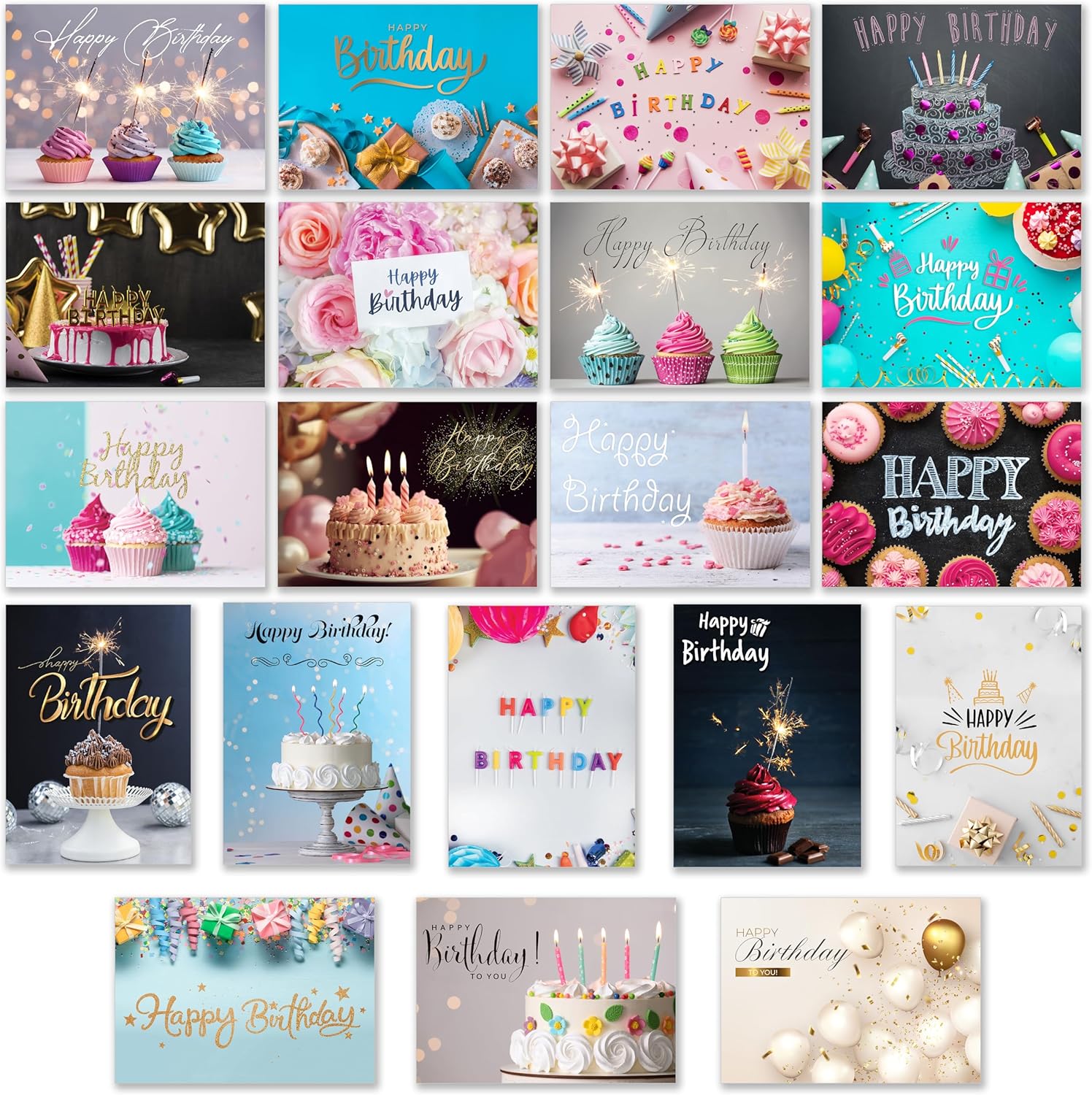 120 Happy Birthday Cards in Bulk with Envelopes and Stickers, Blank Inside, 20 Unique Designs Notes, Thick Cardstock, Matte Finished in a Sturdy Box, 4x6 Inches