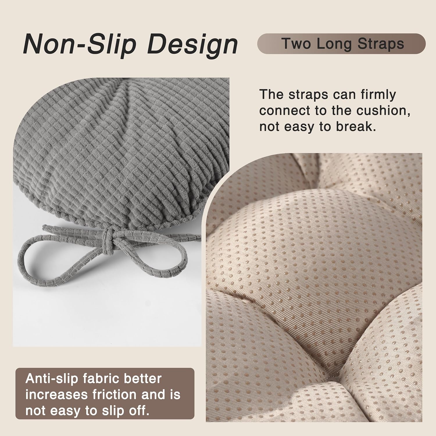 OVOV Chair Cushions for Dining Chairs Set of 6 17x16 Chair Cushion with Ties and Non-Slip Backing Tufted Thick Kitchen Chair Pads Made of Soft Fabric (Grey)