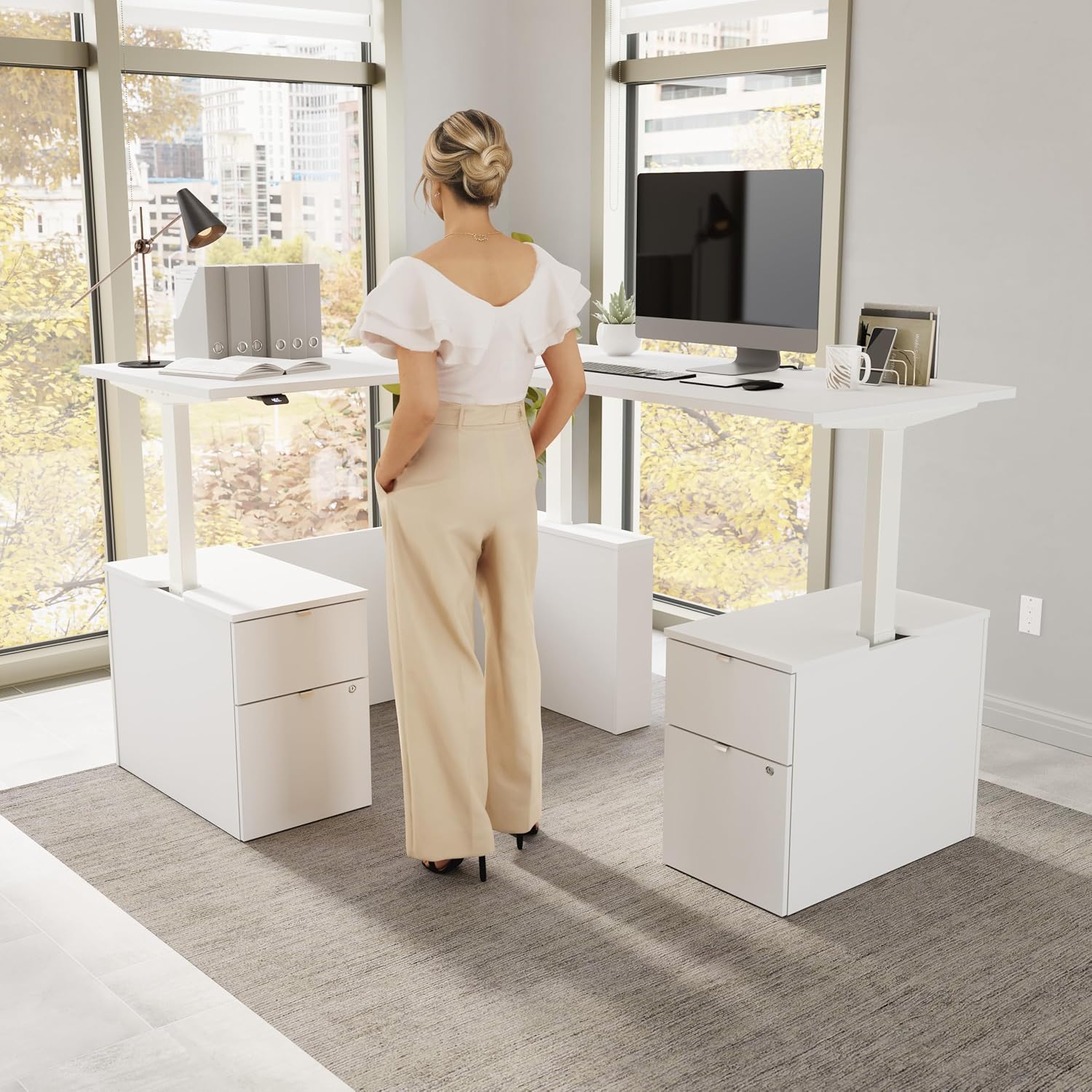 Bush Business Furniture 60-inch Height Adjustable L Shaped Standing Desk with Drawers, Ergonomic Sit-Stand Computer Table for Office, Stratus Collection, White with White Base