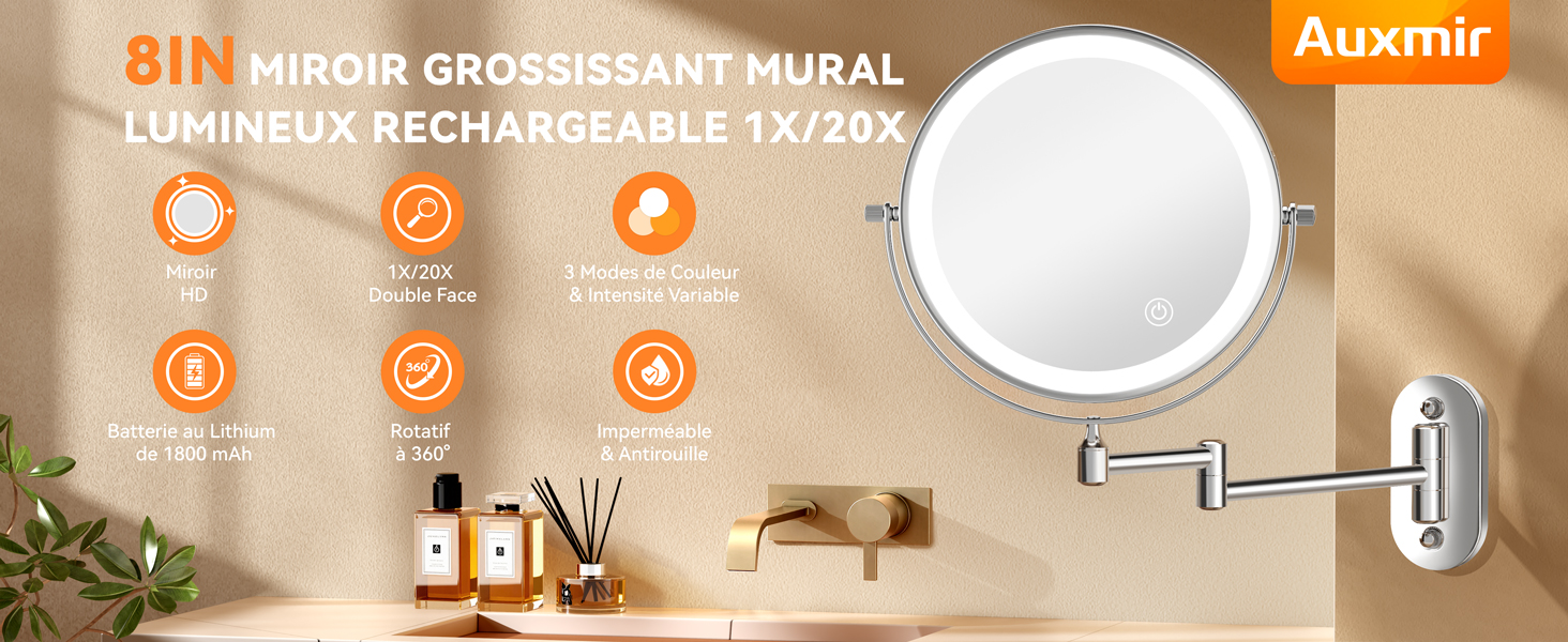 Miroir Maquillage LED 20,3cm - Grossissement 10x - 3 Lumières Réglables - USB-C - Noir