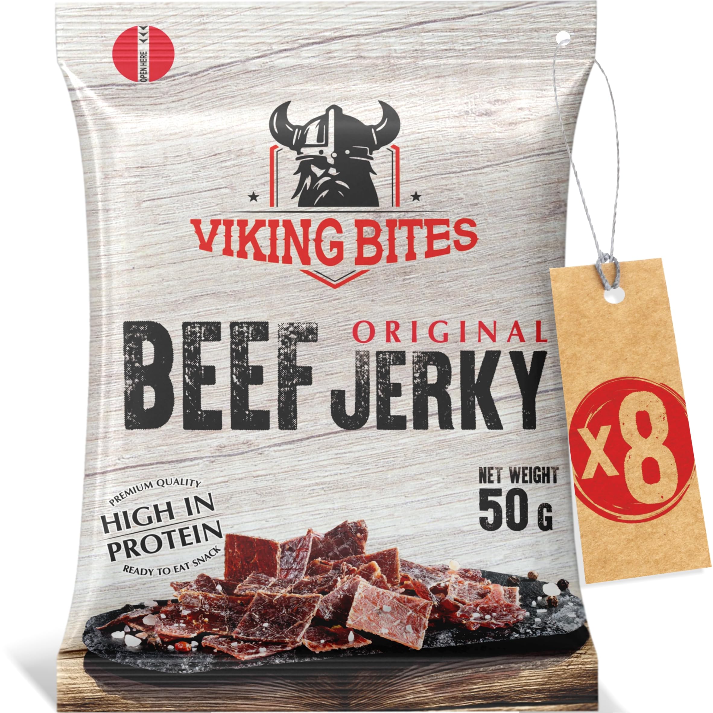 Viking Bites Beef Jerky Original 400 g (8 x 50 g) – Manzo essiccato – Snack a base di carne con alto contenuto proteico