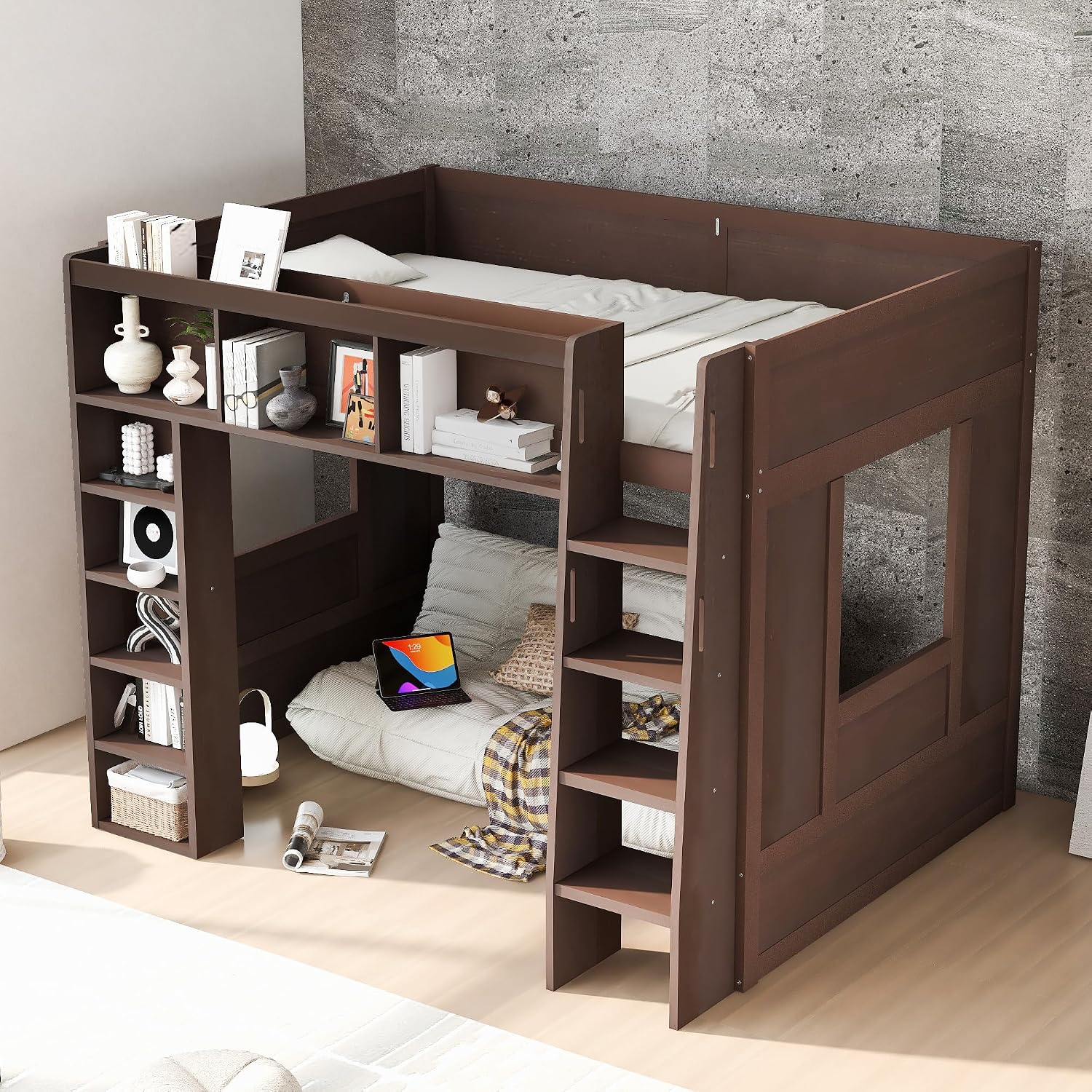 Amazon.com: RuiSiSi Wood Loft Bed with Stairs, Queen Size Loft Beds ...