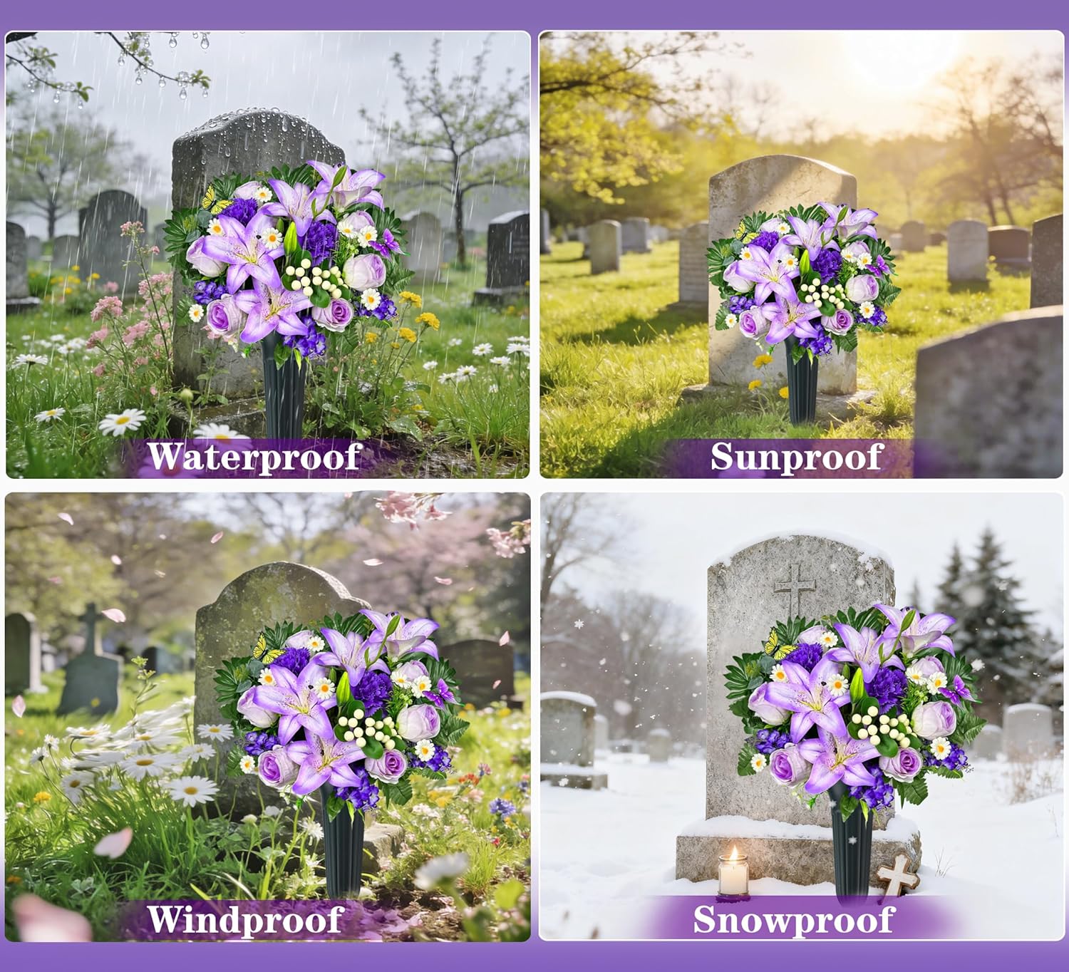 Artificial Cemetery Flowers – Vibrant Rose Carnation, Outdoor Grave Decorations - 1 Purple Gravesite Bouquet with Vase