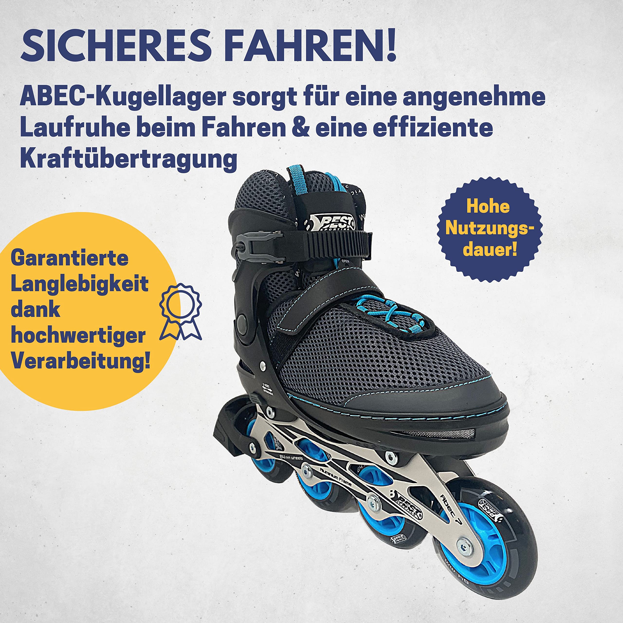 Best Sporting Rollers en ligne pour adultes et adolescents - Taille 37 à 41 I - Réglable en largeur jusqu'à 6 mm - Inliner robuste avec frein I bleu I Rollers Chaussures I Rollers avec 4 roulettes