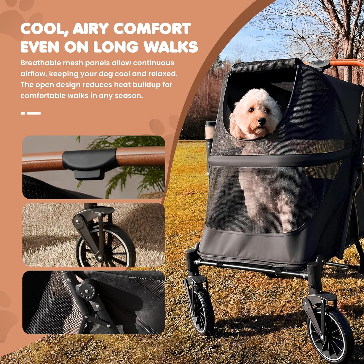 Premium Large Dog Stroller for Pets up to 55lbs, Dog Stroller for Medium Dogs, All-Terrain pet Stroller with Carbon Steel Frame & Breathable Mesh, Black & Grey (Large)