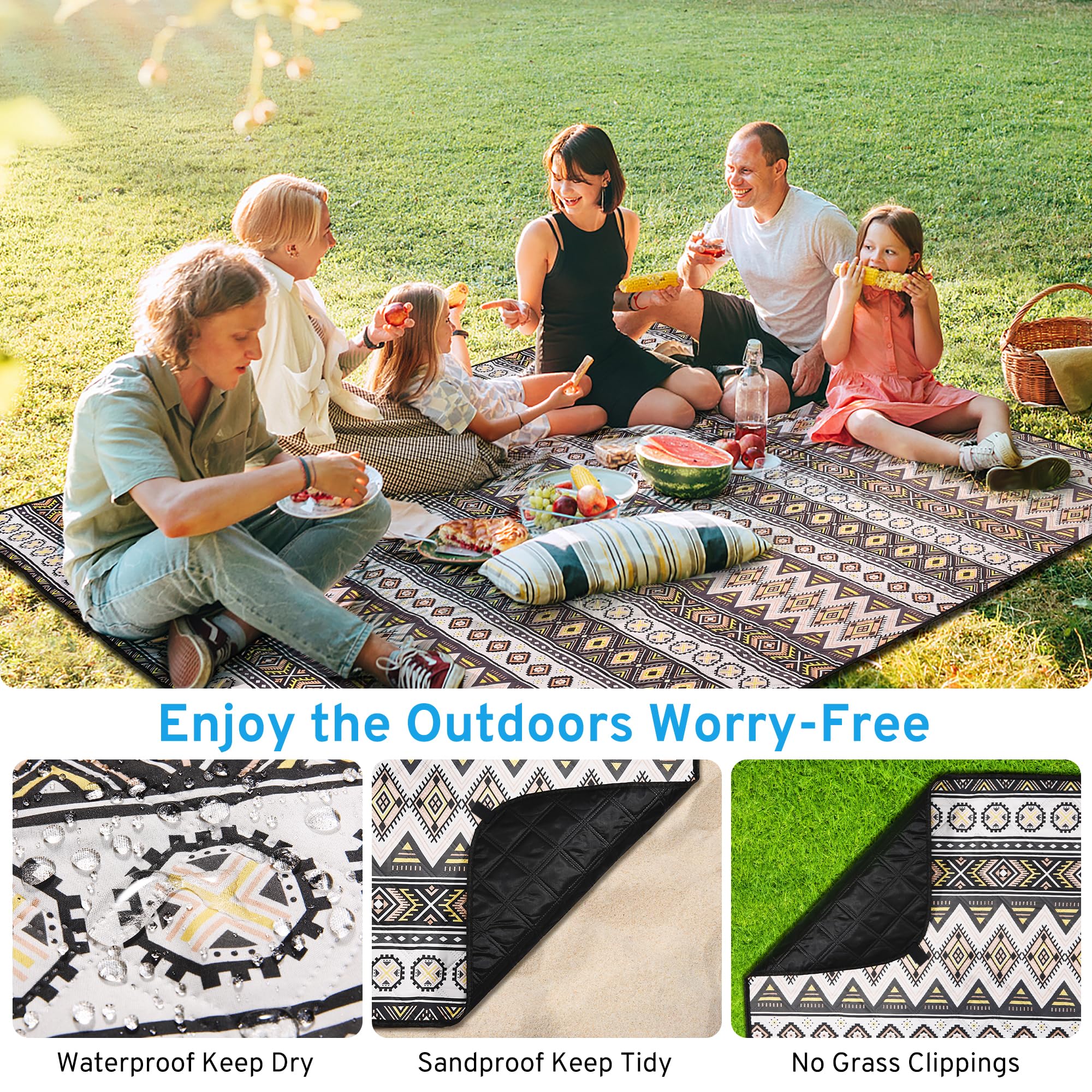 COZCLAM Manta Picnic Impermeable, 200 x 200 cm Mantel Picnic, Portátil Picnic Blanket, Alfombra Exterior, Manta Playa, Lavable a máquina, Aislante, Ideal para Playa, Picnic, Camping (Negro)