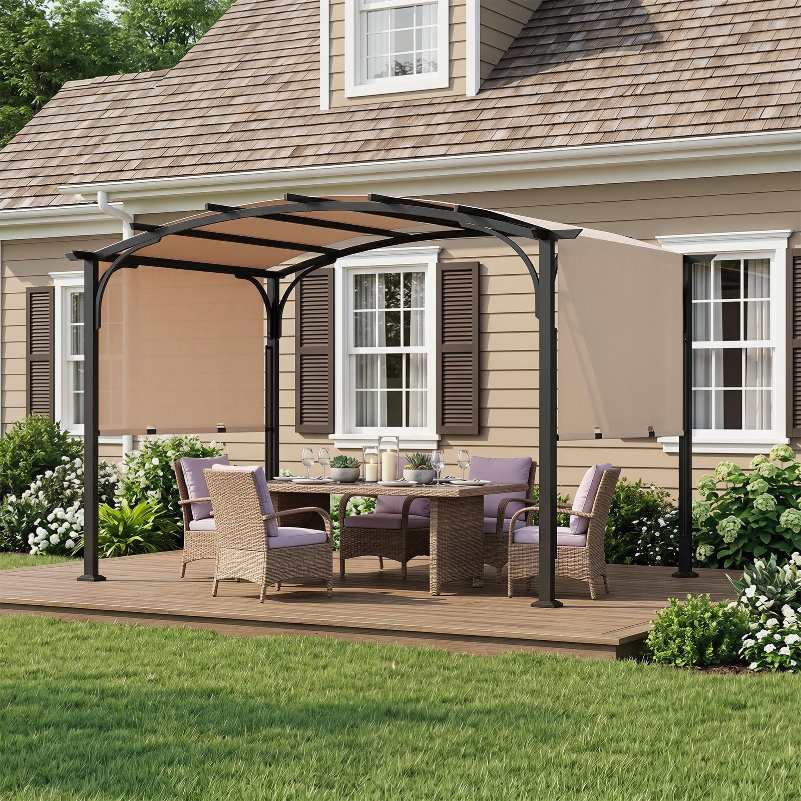 COSTWAY 305 x 242 CM Pergola Rétractable, Pergola de Jardin Extérieur avec Toit Courbé, Cadre Métal, 8 Piquets, Toile Polyester Anti-Soleil, Abri pour Terrasse, Patio, Piscine, Design Moderne (Beige)