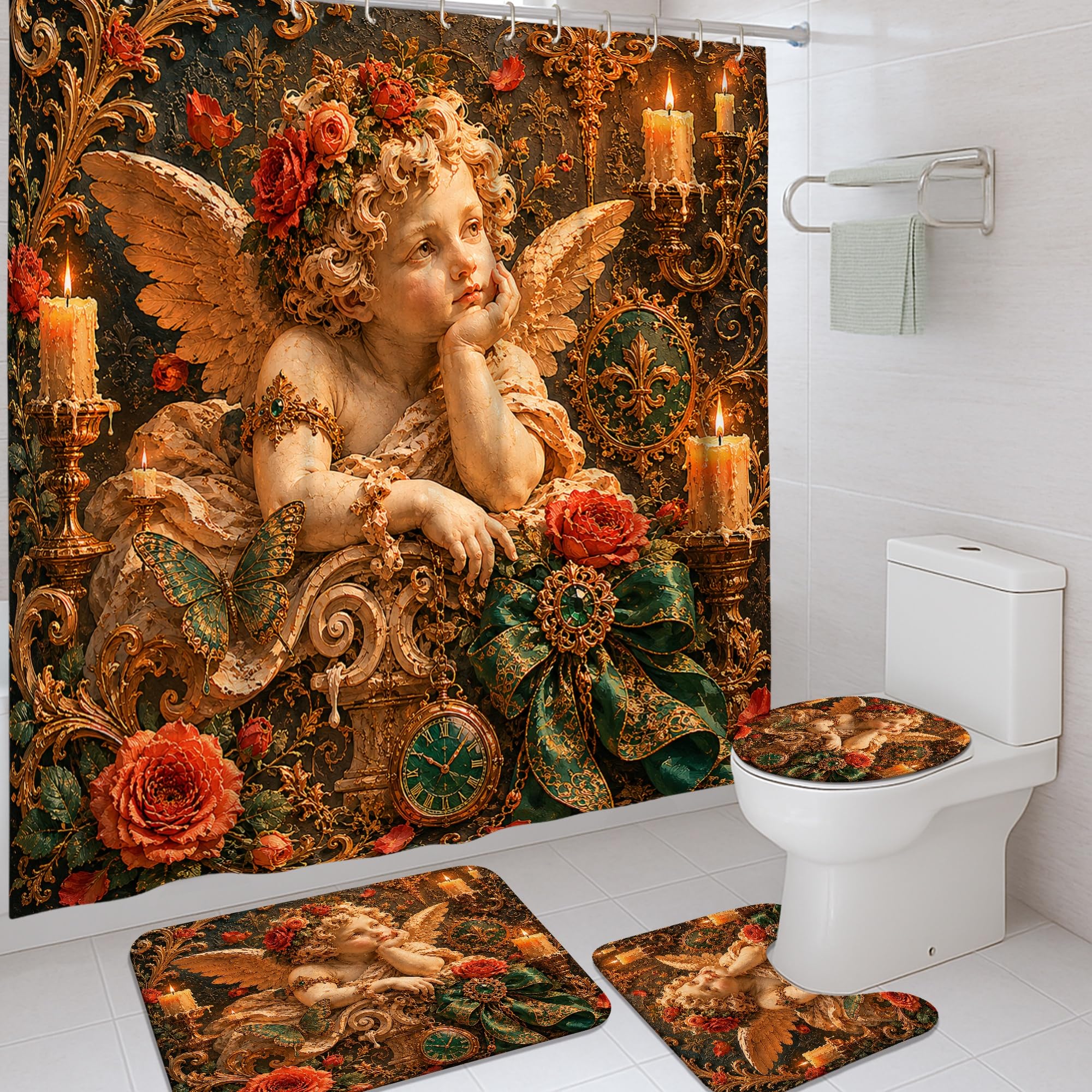 Rideau de douche imperméable en tissu anti-moisissure au motif d'ange baroque