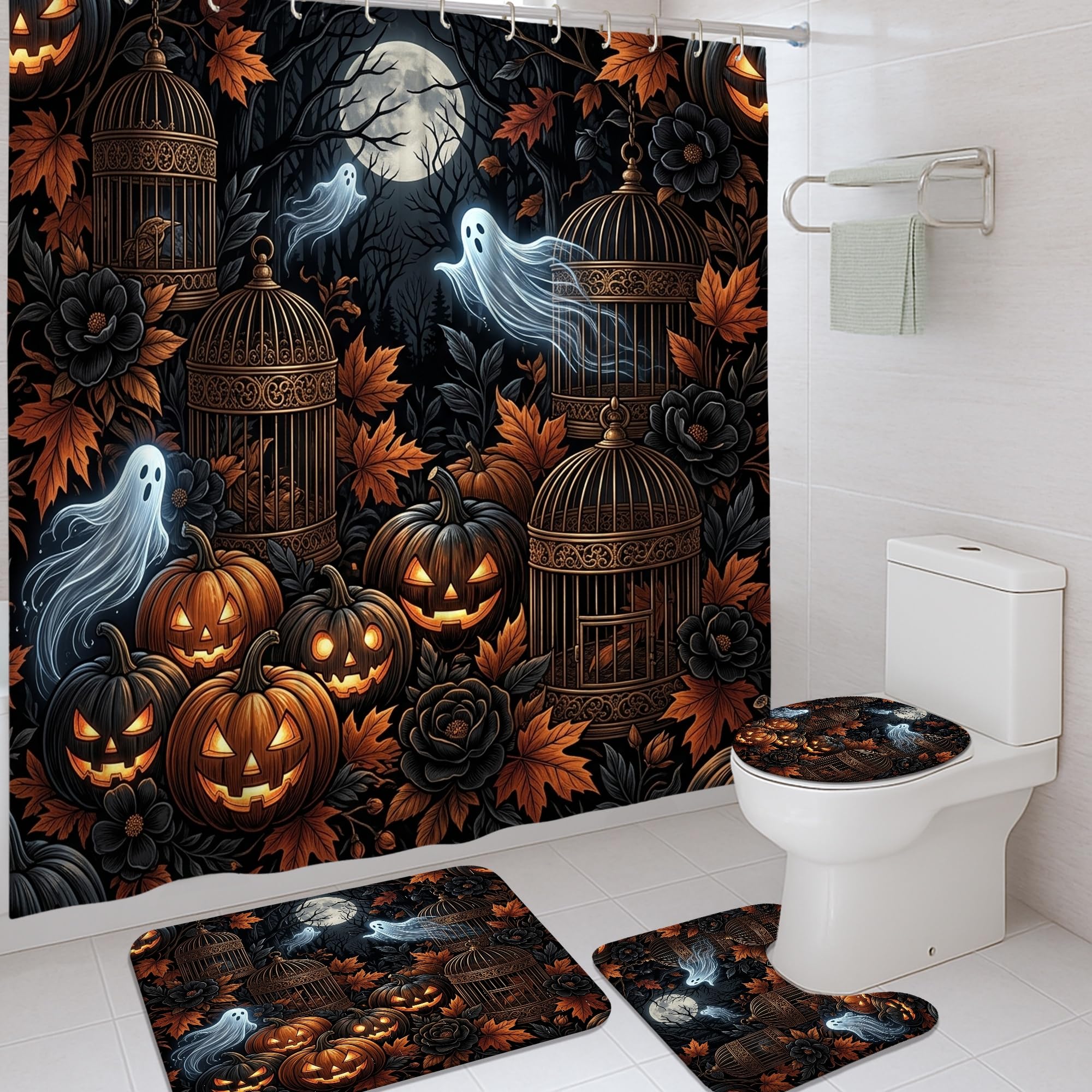 Ensemble rideau de douche citrouilles pour créer une ambiance d'Halloween dans votre bain