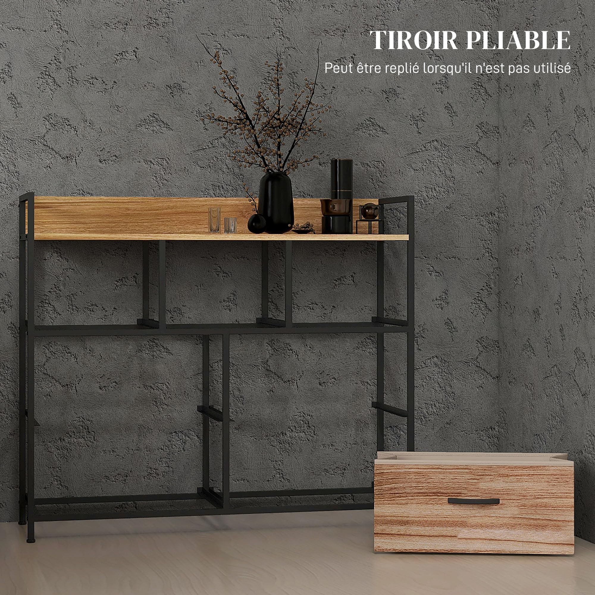 HOMCOM Commode Meuble de Rangement 7 Tiroirs 98x29x85 cm Noir Naturel | Chiffonnier, Structure en Acier, pour Chambre, Entrée, Salon