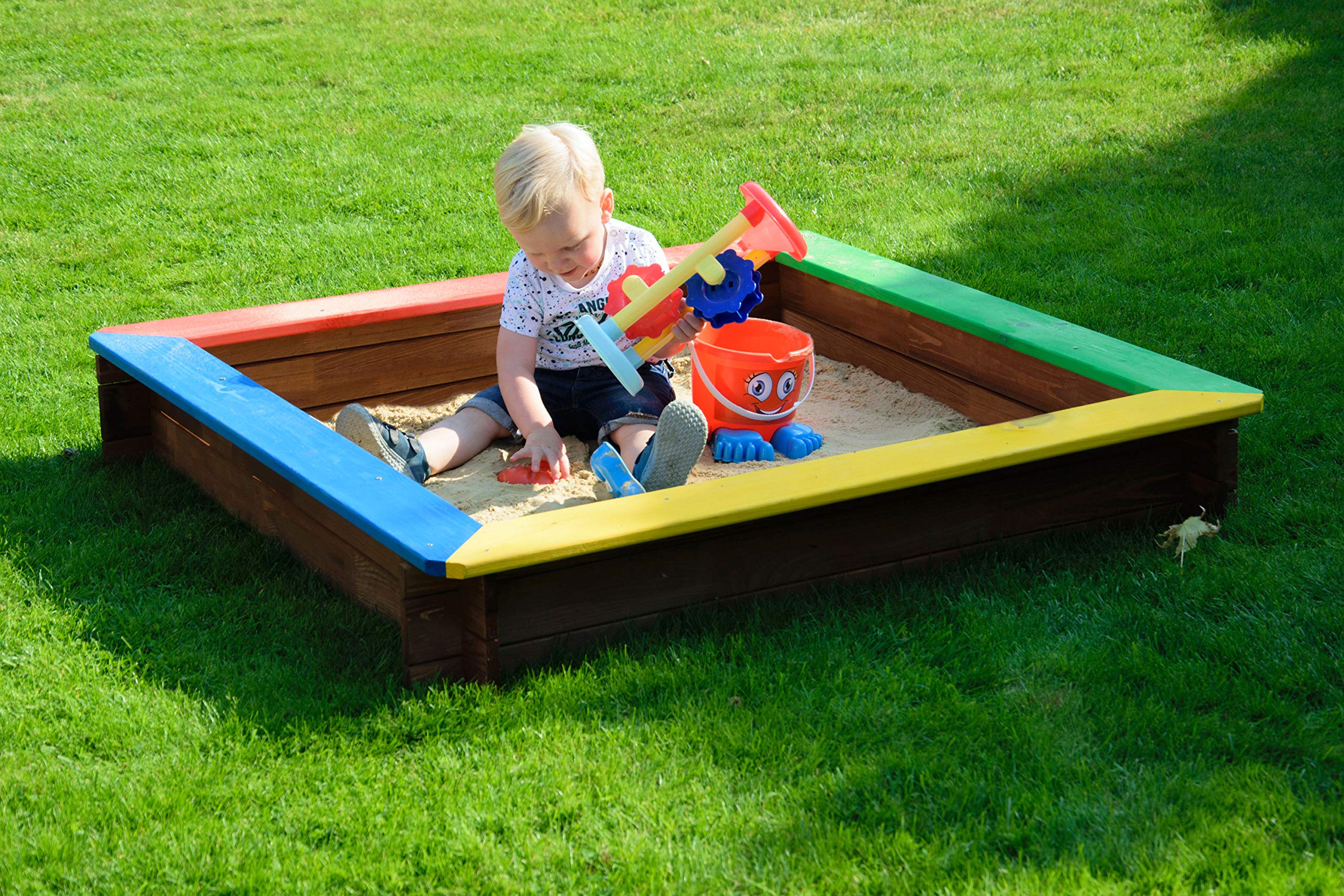 dobar® green label quadratischer Sandkasten | Bunte Sandkiste Holz ohne Dach | Klassischer Kinder-Sandbox aus massivem Vollholz | 117 x 117 x 18 cm | 5-farbig