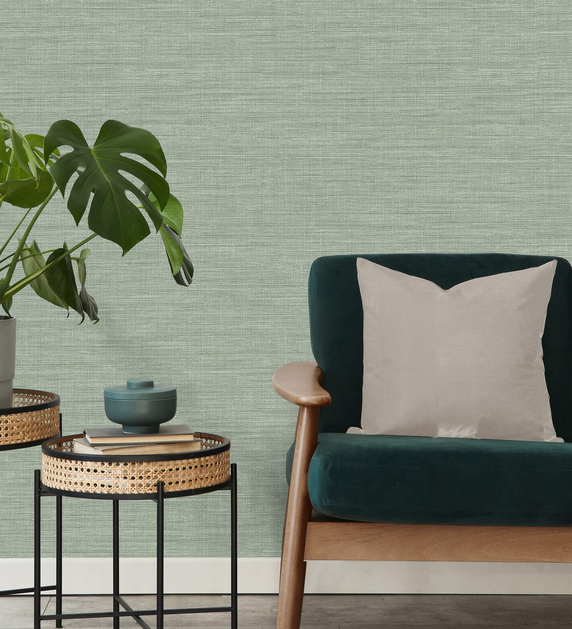GAULAN 681992 - Papel pintado liso de fibras vegetales en tonos verdes efecto nacarado para pared salón dormitorio pasillo comedor - Rollo de 10 m x 0,52 m