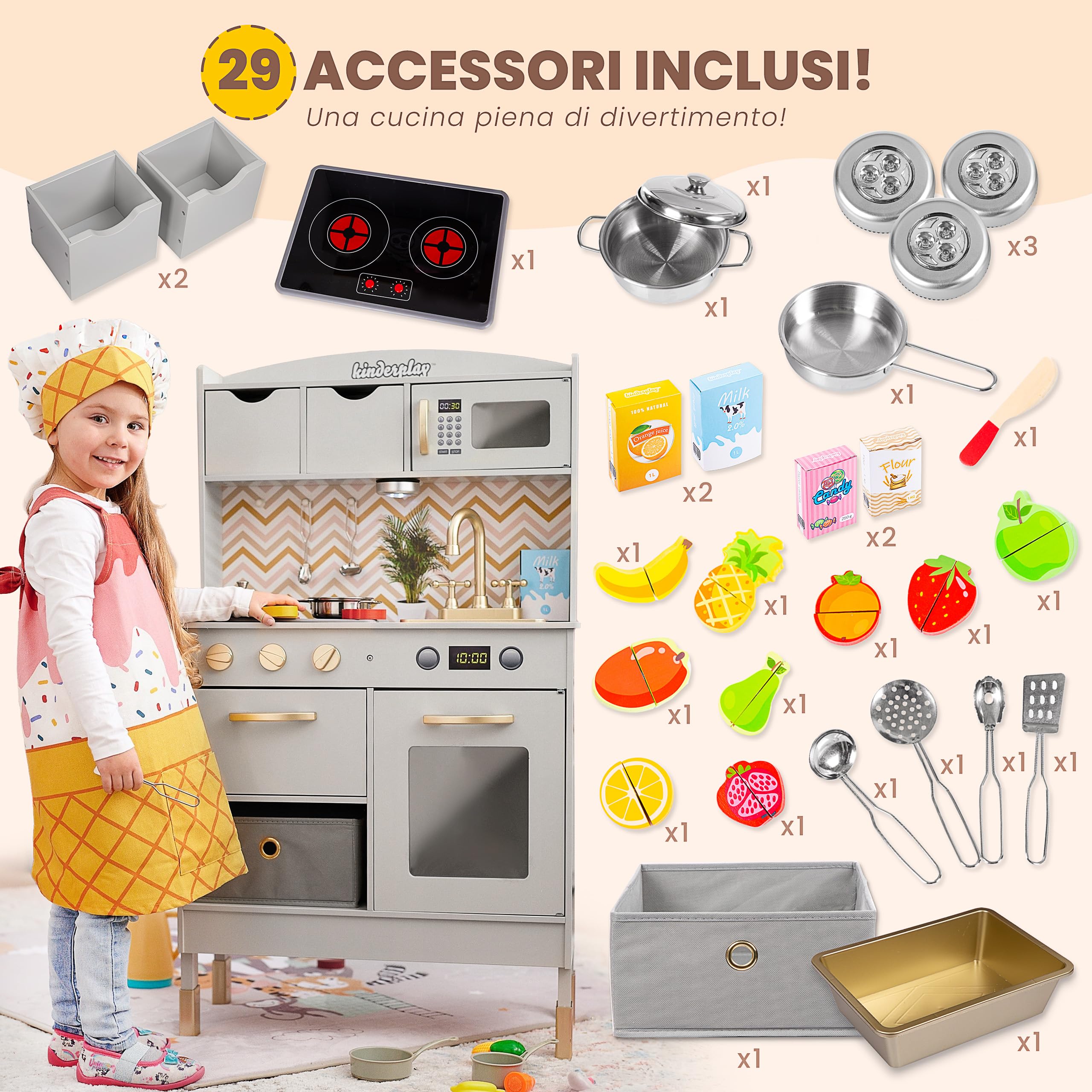 Kinderplay Cucina Giocattolo in Legno – Luci LED & Suoni Realistici – Altezza Regolabile 92–107 cm – Accessori Inclusi & Frutta da Tagliare – 60x30 cm – 3+ Anni