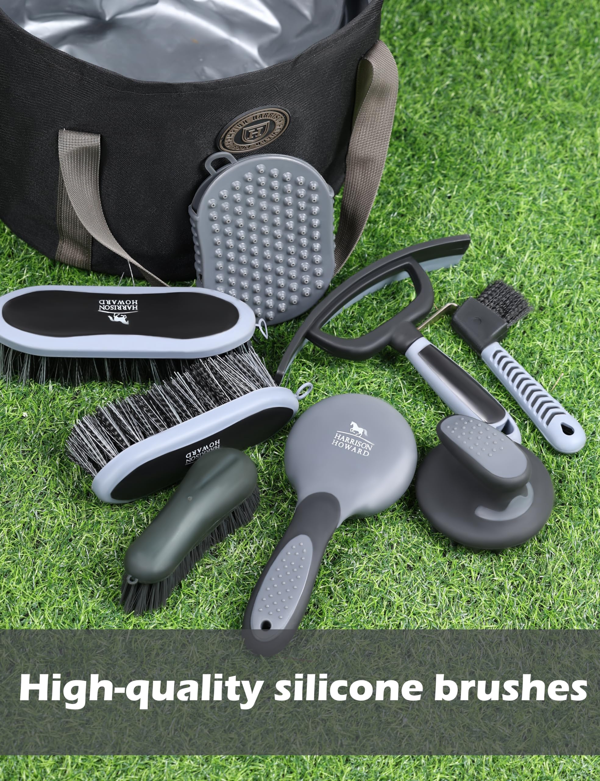Harrison Howard Kit de aseo de caballos de 9 piezas Equine Care Series - Juego de cepillos para caballos con bolsa organizadora negra