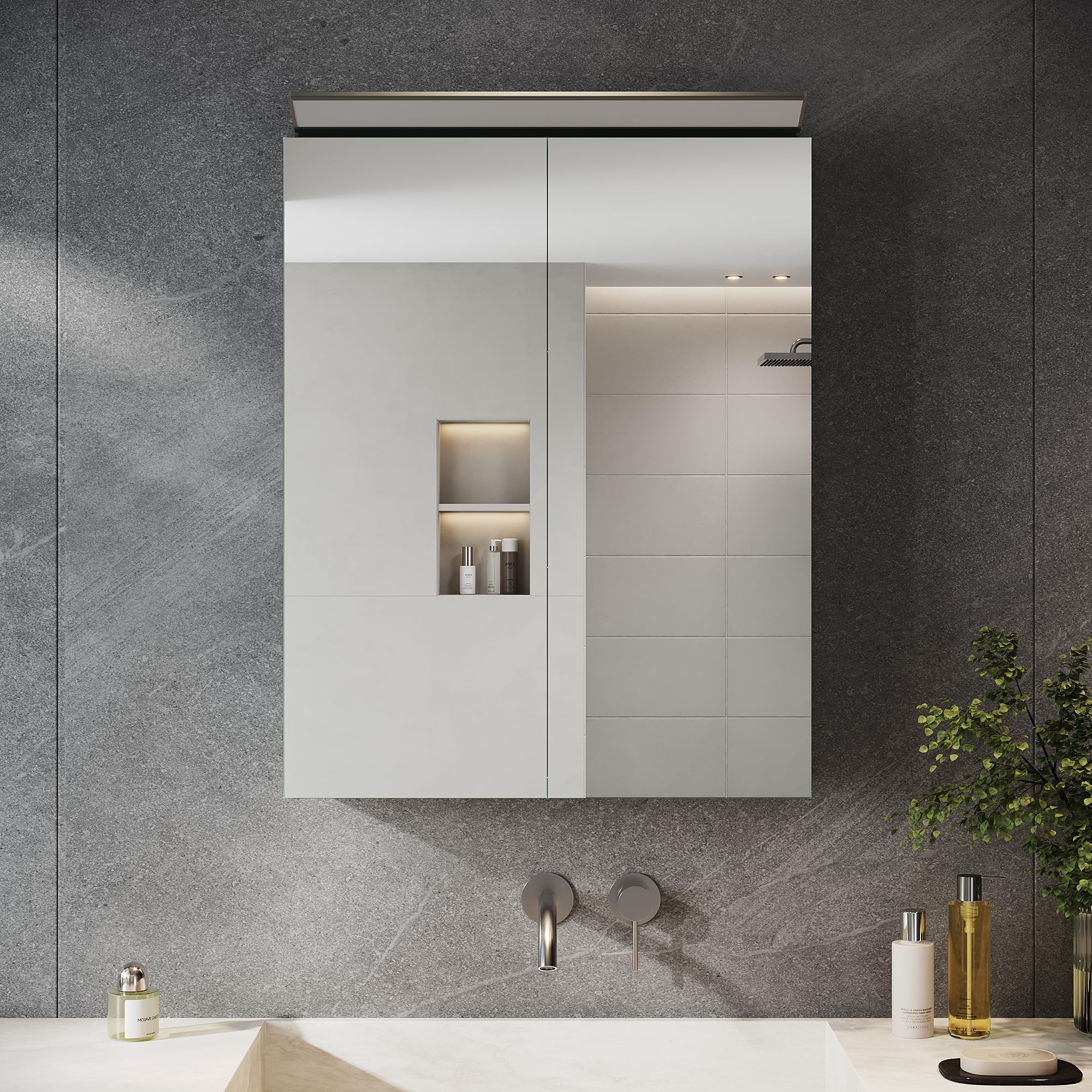 SONNI Spiegelschrank Bad 2-türig mit Beleuchtung 52x65cm, 201 Edelstahl Medizinschrank IP44 spritzwassergeschützt, viel Stauraum, Wandschalter & austauschbare LED-Leuchten