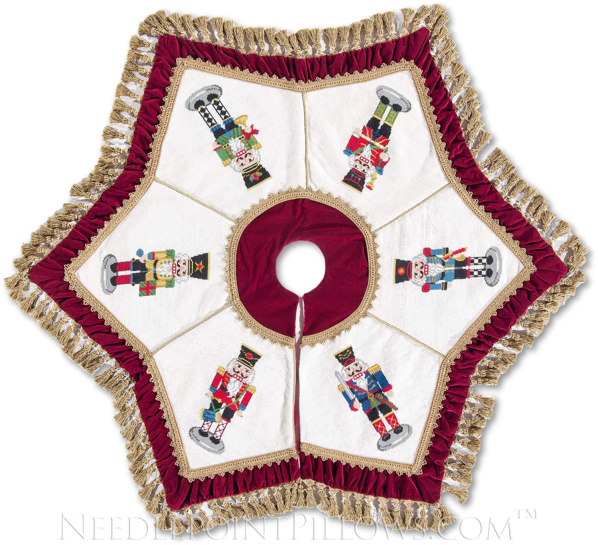 Neiman Marcus Edition Handmade 100% Wool Red Velvet Victorian Holiday Traditional Steinbach Nutcracker Needlepoint Christmas Tree Skirt. 52" Round.