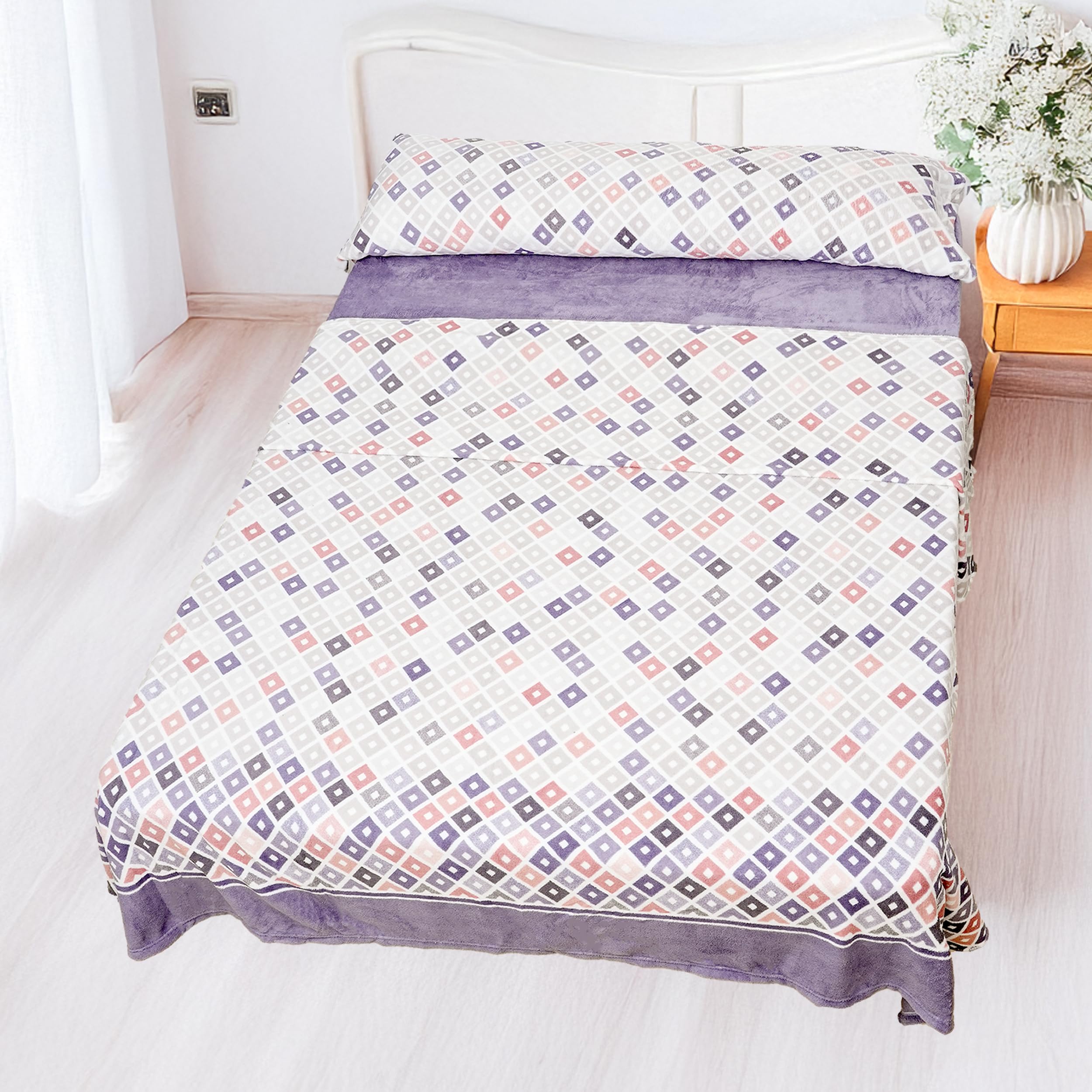 Juego de Sábanas 3 Piezas Coralina Térmica para Invierno - Incluye Sábana Bajera Ajustable, Encimera y Funda de Almohada - Tacto Suave y Cálido - Diamantes Lila, Cama 135cm