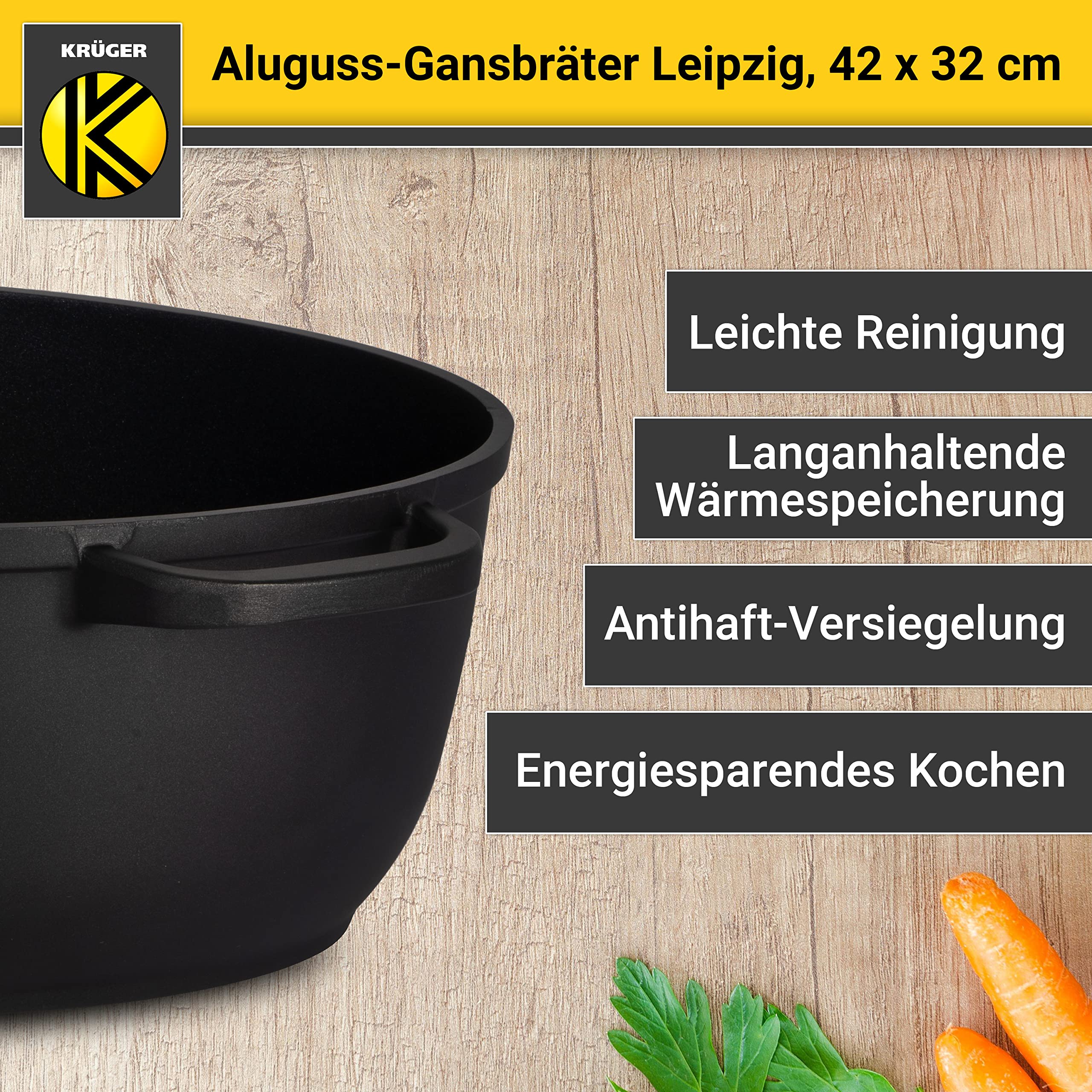 Krüger Aluguss-Bräter - Bräter mit Antihaft-Versiegelung (Aluguss-Gansbräter Leipzig - ohne Induktion (42 x 32 cm))