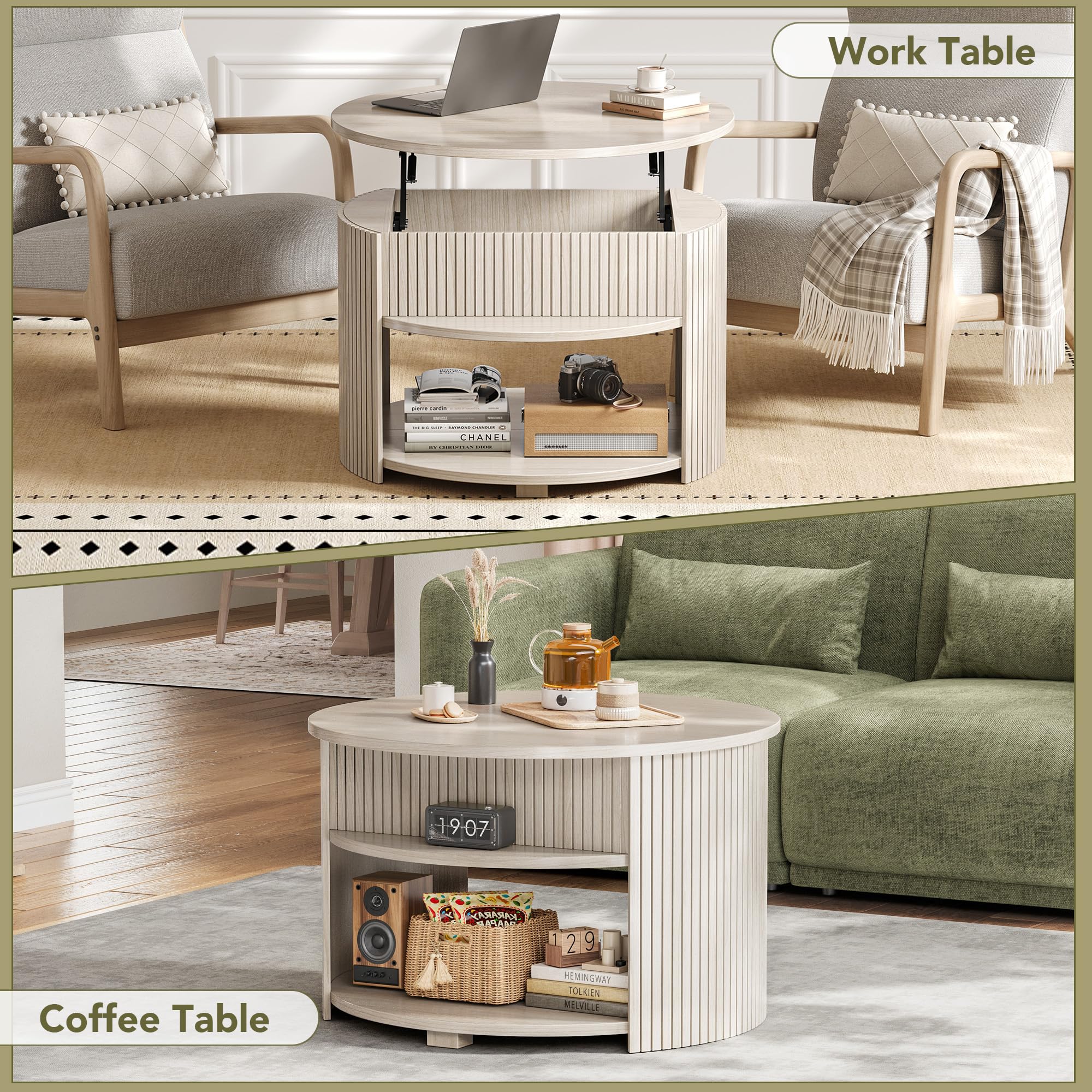 Best White Round Coffee Table Picks for 2026 2 Decofy Round Lift Top Coffee Table with Storage, Fluted Mid-Century Modern Coffe — product photo