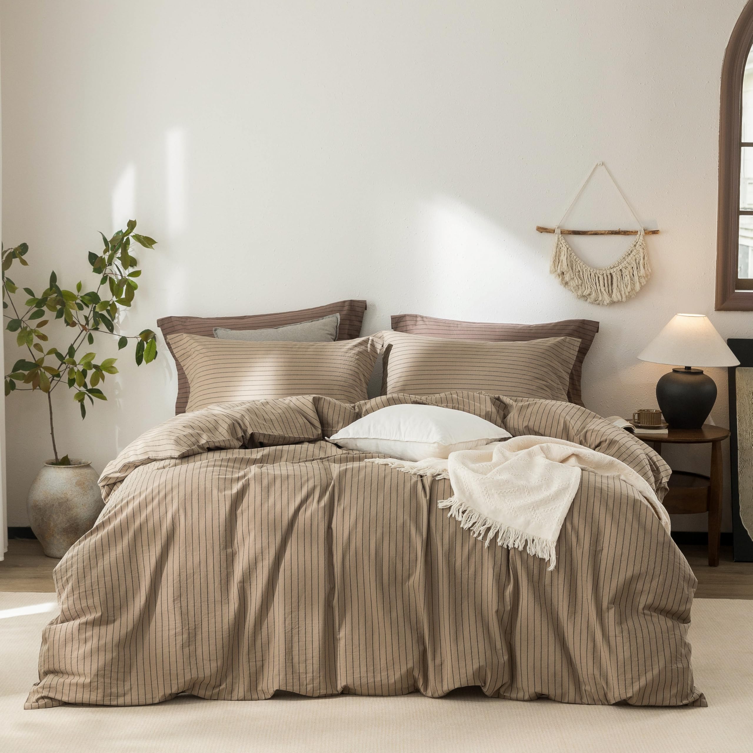 Warm Moment Stripe Duvet Cover King Size 104inch x 90inch,100% Washed Cotton Pinstripe Duvet Cover with Zipper Closure and 2 Pillowcases, Color of