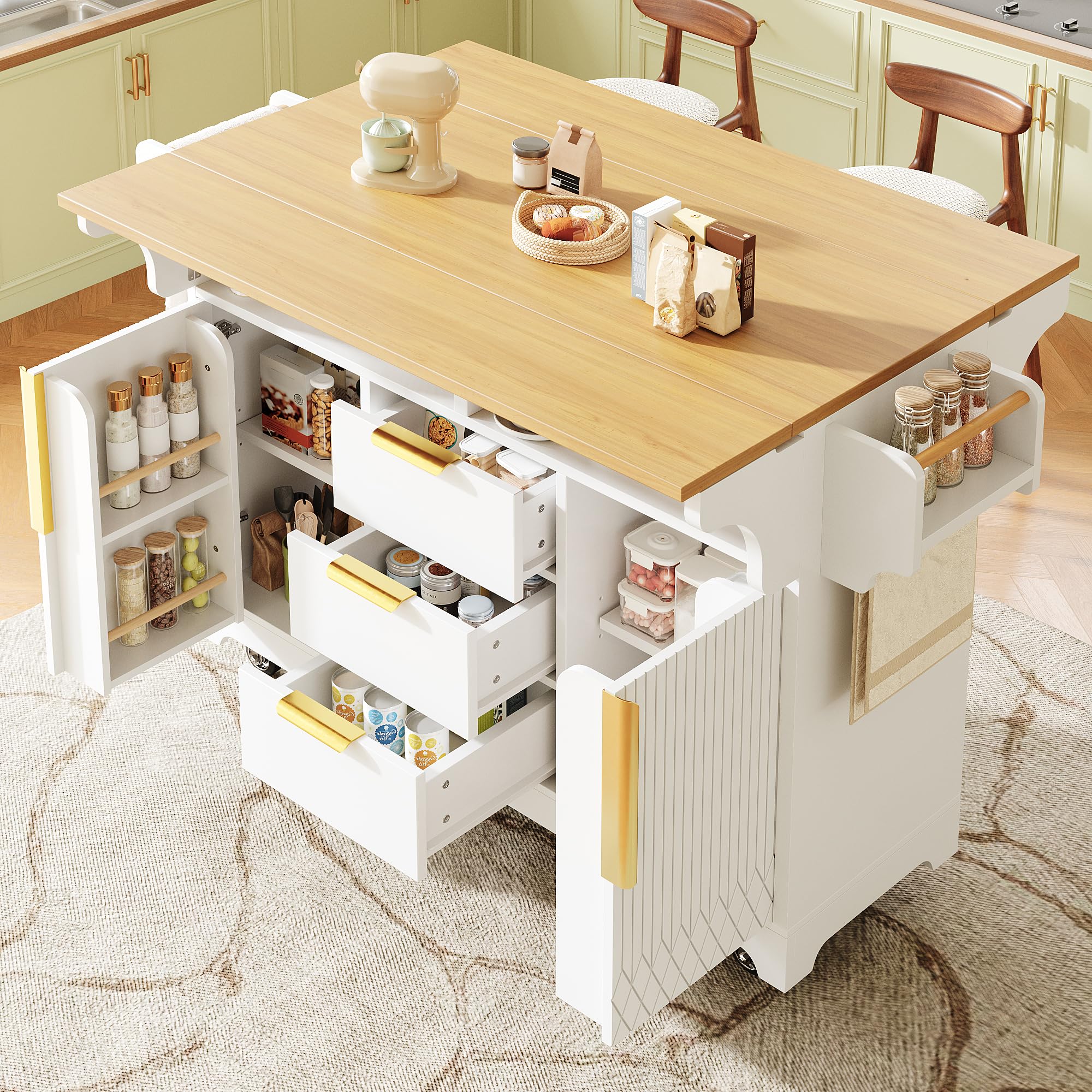 Isola da cucina multifunzionale con estensione tavolo da pranzo, ante con motivo verticale, ampio spazio di archiviazione con cassetti, piano pieghevole su entrambi i lati, su rotelle, bianco