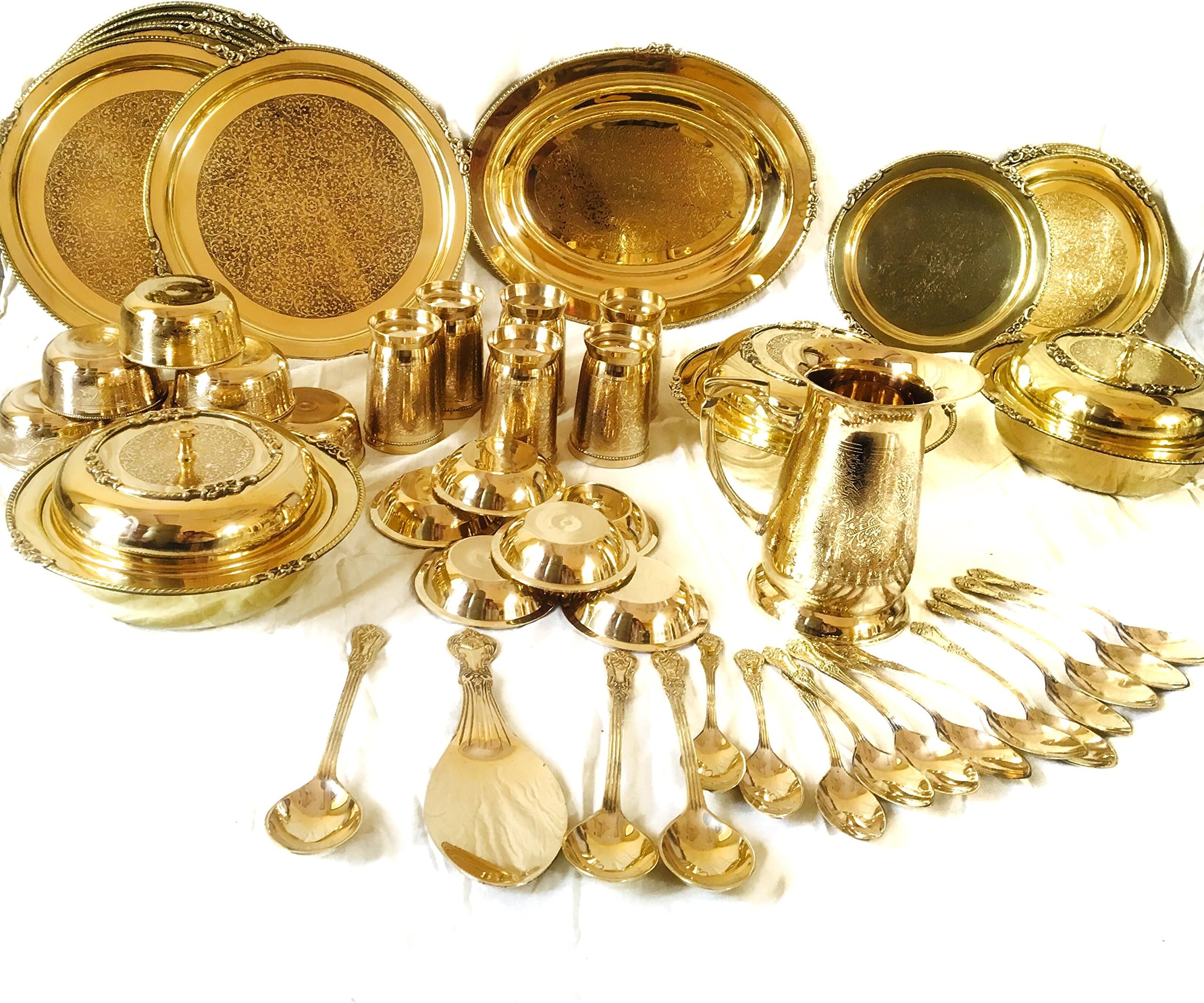 INDOROX Brass Solid Royal Dinner Set- 51 Pieces, Gold