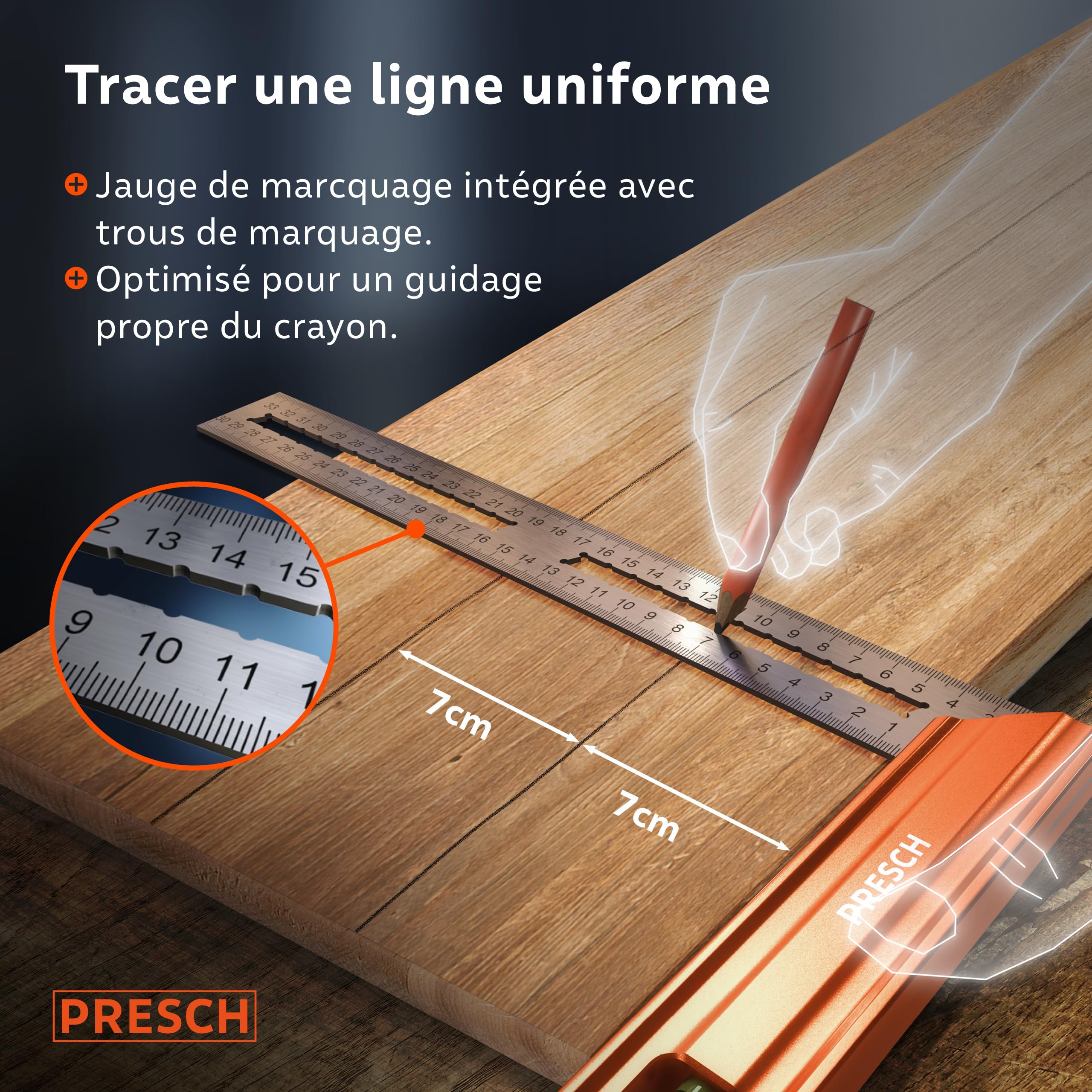 Presch Équerre de Menuisier 300mm - Moyen - Avec jauge (30cm), niveau à bulle et pointe à marquage - 90° et 45° degrés - Équerre a chapeau, Équerre de precision et charpentier