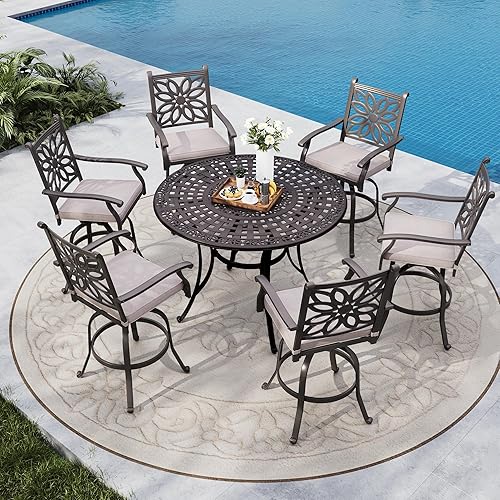 MFSTUDIO Bar Height Patio Table and Chairs, 7 Pieces Cast Aluminum Outdoor Dining Set for 6, 54" Round Patio Bar Table Chairs of 6, Counter Height High Top Outdoor Bar Set